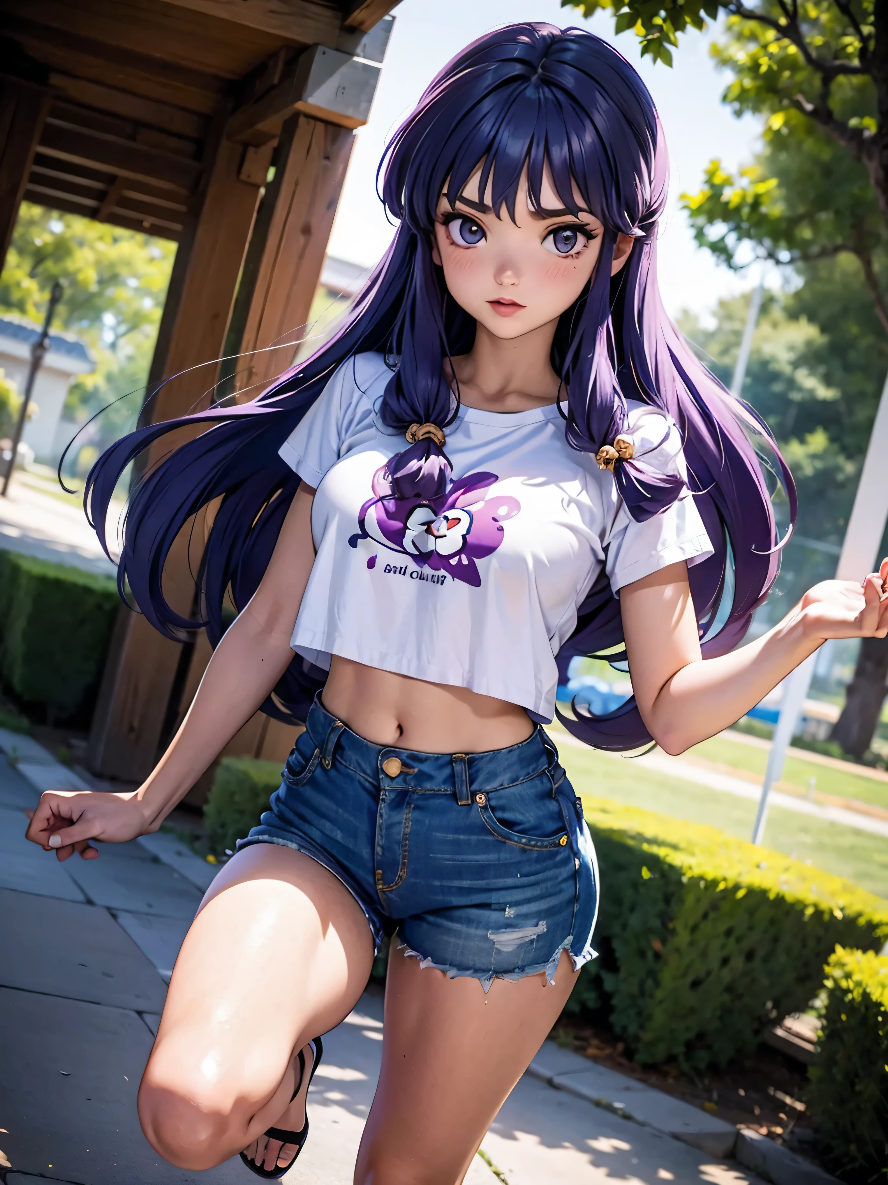 Anime cabelo purple com short jeans e blusa rosa brilhante, *******, corpo bonito, seios grandes, com as hands on chest, hands on chest, Garota sexy, purple cabelo, mechas de cabelo laterais, mechas de cabelo na lateral do rosto, beautiful lighting, sombras suaves, olhos azuis, pernas bonitas, cabelo longo purple, estilo anime, personagem Shampoo Chan, Autora Rumiko Takahashi, Baseado em obra de Rumiko Takahashi, Anime Ranma 1/ 2, decote sexy, quadril robusto, corpo inteiro, corpo inteiro, busto grande, garota jovem com corpo belo e bonito, sandals on his feet, garota ******* jovem baixa estatura, usando short jeans e blusa rosa brilhante, garota anime, estilo anime, beautiful feet in sandals, 45° viewing angle, ao ar livre, peito grande, seios bonitos, cabelo purple, sandals on the feet, pernas bonitas