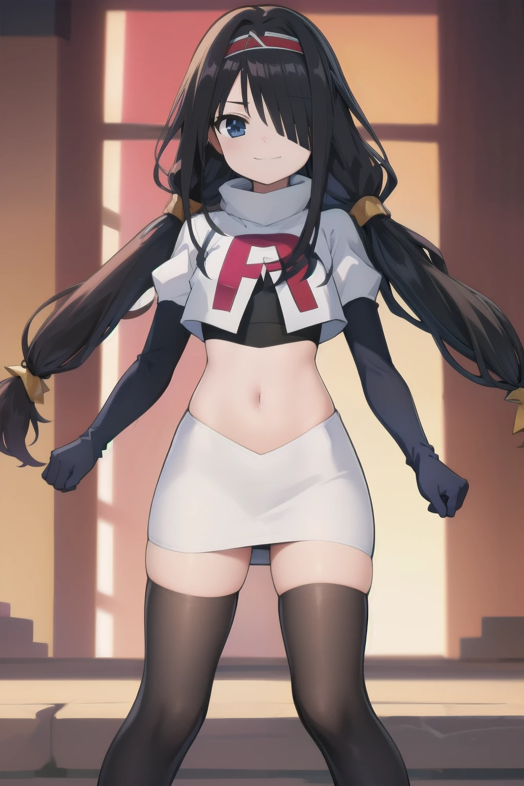 best quality,masterpiece,Super Resolution, 8K  ,  18 years old ,
kkkrumi2Z, ( kkkrumi2Z\(low-tied long hair\):1.3)  ,low twintails ,kkkrumi2Z\(hair over one eye\), kkkrumi\(Hair Accessories\) ,  Evil smile,  team rocket,team rocket uniform, red letter R, white skirt,white crop top,black thigh-highs,black elbow gloves