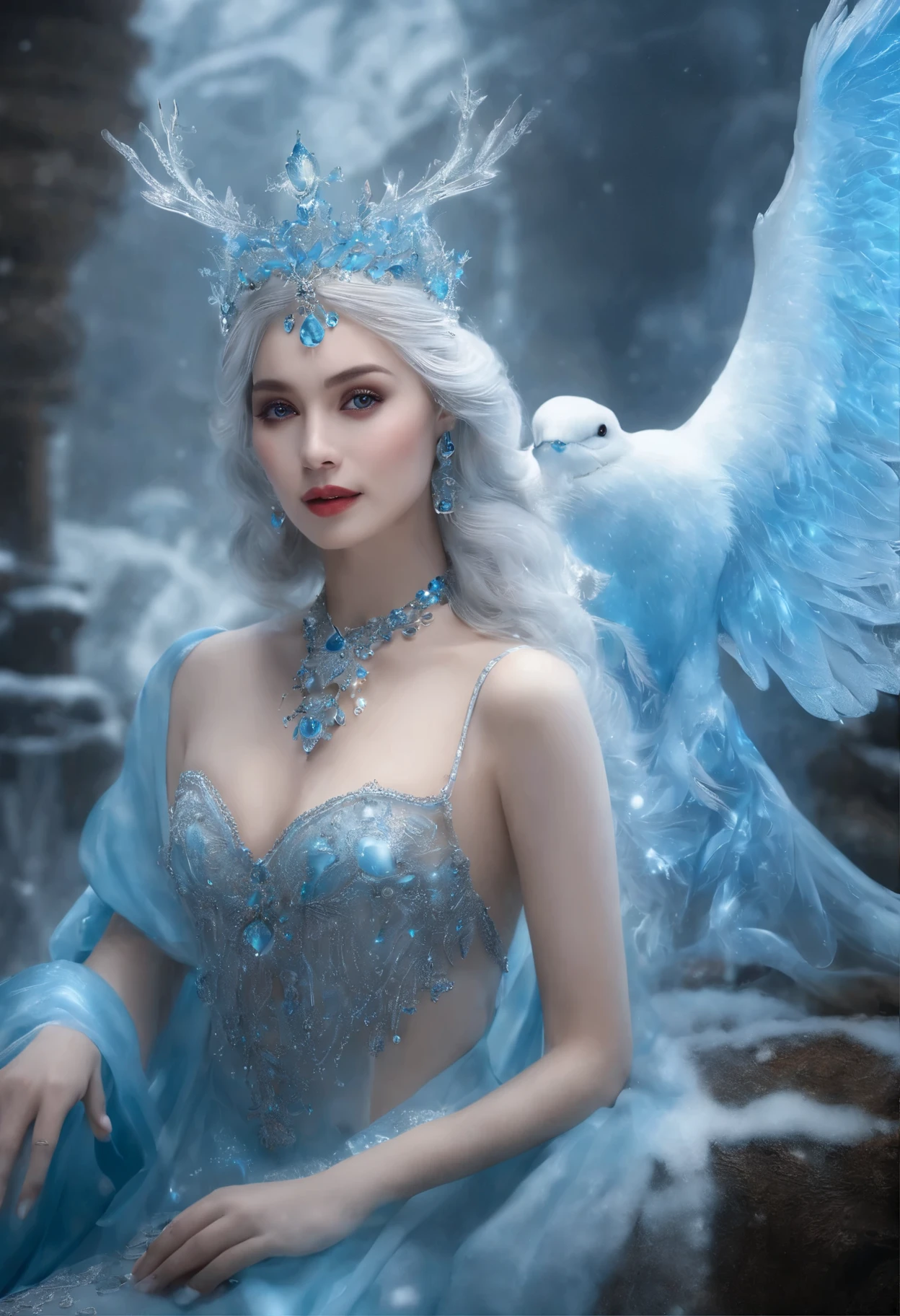 (((1 girl)))，imperial water，magician，（loose dress：1.5），（perfect facial features：1.4），（blue silk robe），（Mysterious magic array：1.2），Blue glow，（Frost Wings），(((Powerful ice magic)))，(((icicle)))，高耸于wind景之上，Blue light cold light，(((Ice storms)))，wind，((Flying snow ice and snow))，Amazing results，,best quality,masterpiece,ultra high resolution,detailed,intricate details,8k resolution,8KUCG wallpaper,high dynamic range,Aqua blue,magic circle,Cinema-level lighting effects,chiaroscuro，Ray tracing、NVIDIA RTX