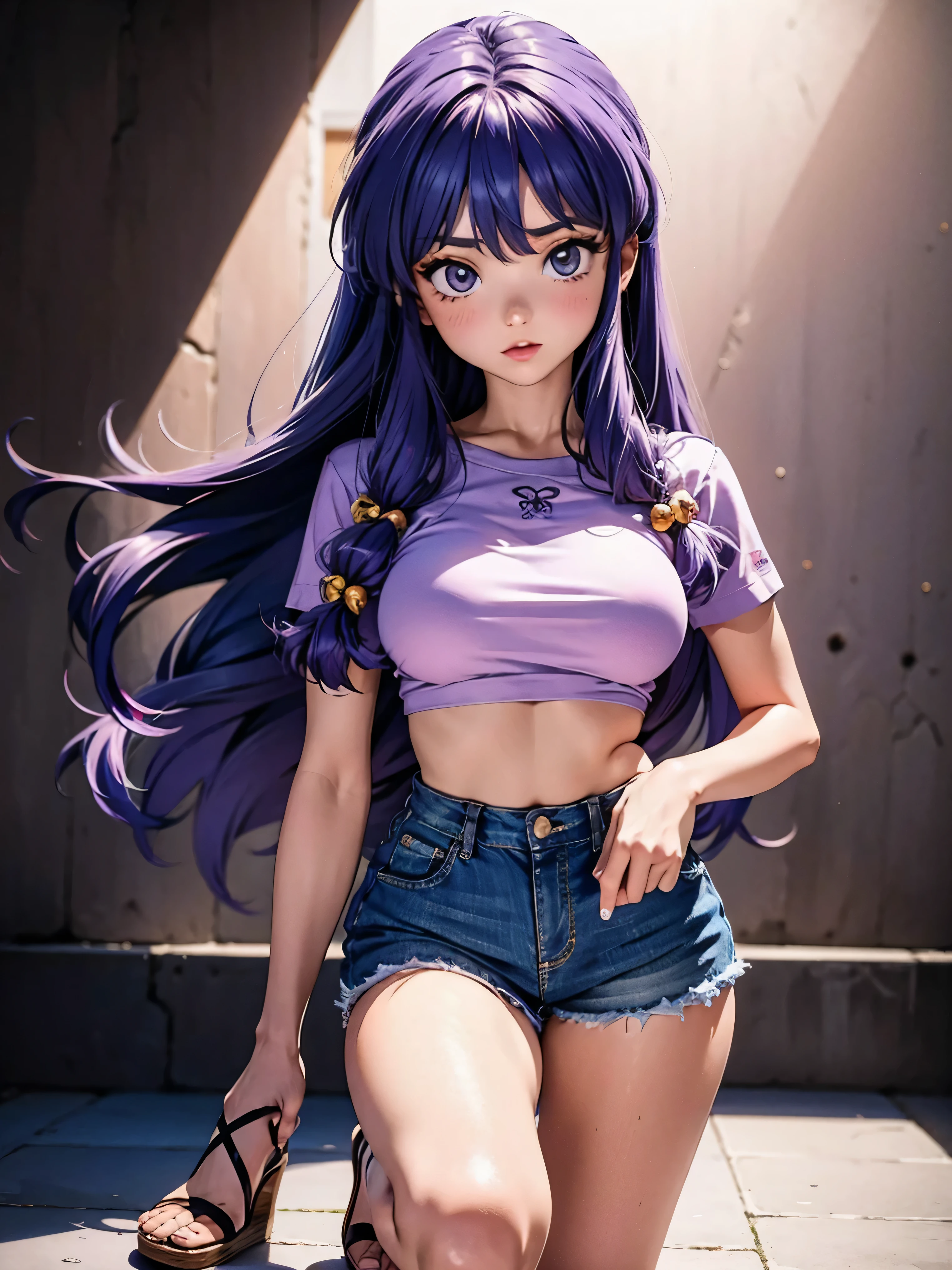 Anime cabelo purple com short jeans e blusa rosa brilhante, 16 anos, corpo bonito, seios grandes, com as hands on chest, hands on chest, Garota sexy, purple cabelo, mechas de cabelo laterais, mechas de cabelo na lateral do rosto, beautiful lighting, sombras suaves, olhos azuis, pernas bonitas, cabelo longo purple, estilo anime, personagem Shampoo Chan, Autora Rumiko Takahashi, Baseado em obra de Rumiko Takahashi, Anime Ranma 1/ 2, decote sexy, quadril robusto, corpo inteiro, corpo inteiro, busto grande, garota jovem com corpo belo e bonito, sandals on his feet, garota 16 anos jovem baixa estatura, usando short jeans e blusa rosa brilhante, garota anime, estilo anime, beautiful feet in sandals, 45° viewing angle, ao ar livre, peito grande, seios bonitos, cabelo purple, sandals on the feet, pernas bonitas, sexy