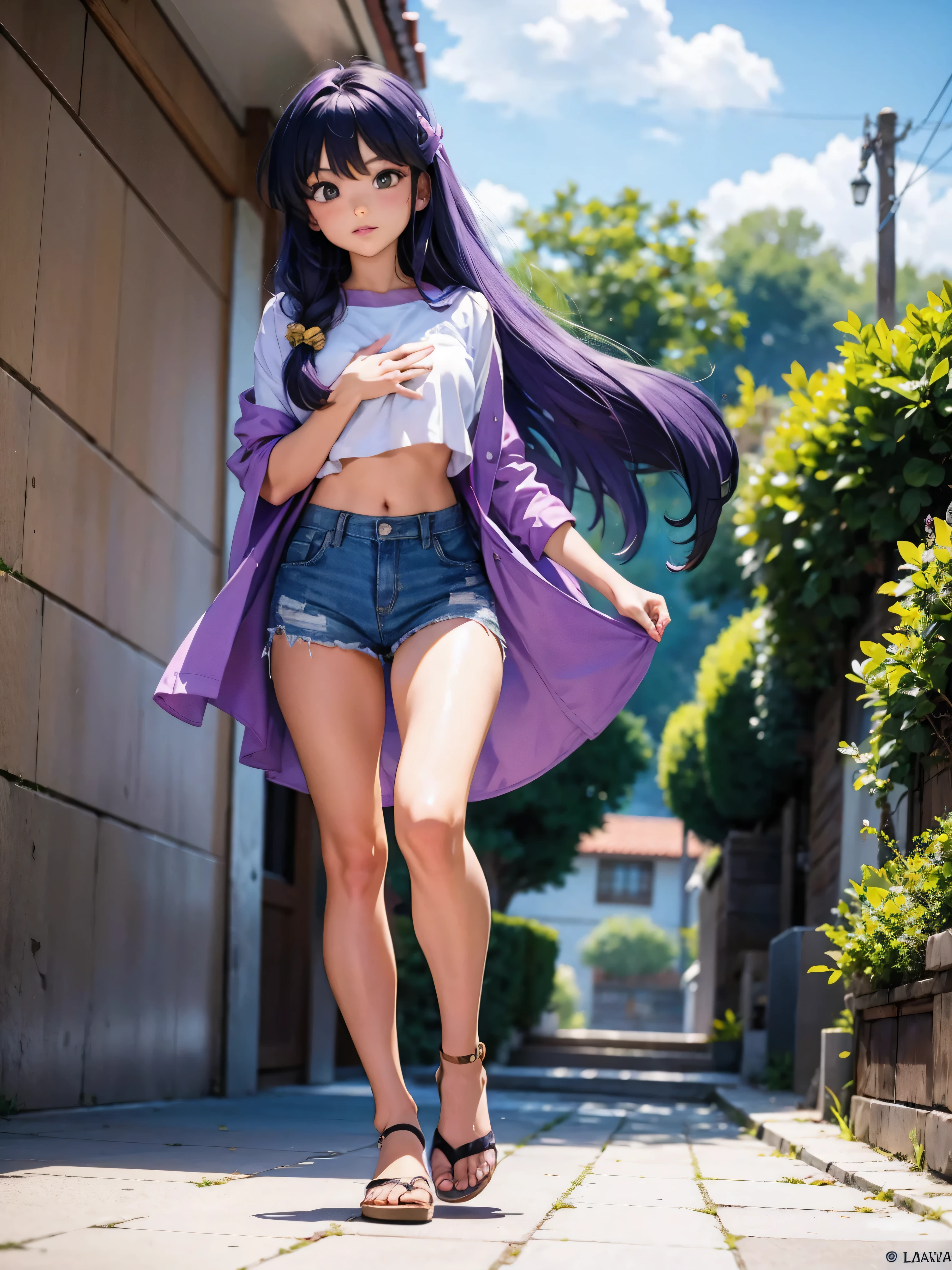 Anime cabelo purple com short jeans e blusa rosa brilhante, 16 anos, corpo bonito, seios grandes, com as hands on chest, hands on chest, Garota sexy, purple cabelo, mechas de cabelo laterais, mechas de cabelo na lateral do rosto, beautiful lighting, sombras suaves, olhos azuis, pernas bonitas, cabelo longo purple, estilo anime, personagem Shampoo Chan, Autora Rumiko Takahashi, Baseado em obra de Rumiko Takahashi, Anime Ranma 1/ 2, decote sexy, quadril robusto, corpo inteiro, corpo inteiro, busto grande, garota jovem com corpo belo e bonito, sandals on his feet, garota 16 anos jovem baixa estatura, usando short jeans e blusa rosa brilhante, garota anime, estilo anime, beautiful feet in sandals, 45° viewing angle, ao ar livre, peito grande, seios bonitos, cabelo purple, sandals on the feet, pernas bonitas, sexy