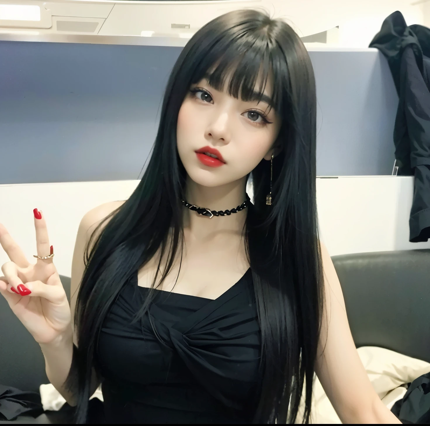 Araffe woman with long black hair and red lipstick posing for a photo, she has black hair con flequillo, long hair con flequillo completo, long black hair con flequillo, cruel korean gothic girl, con flequillo completo, Lalisa Manobal, Lalisa Manoban de Blackpink, flequillo largo y recto, long hair con flequillo, cabello con flequillo negro, con flequillo