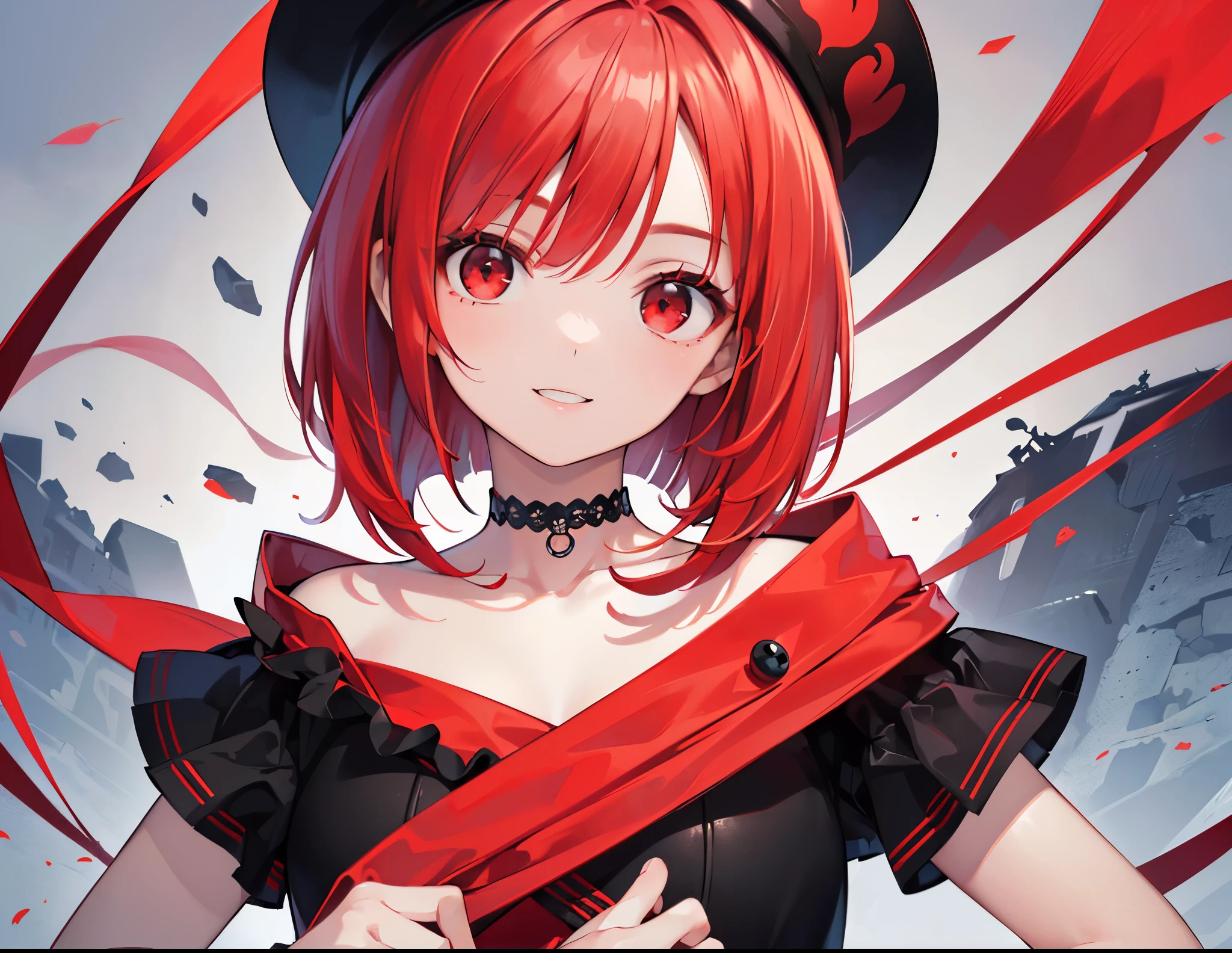Upper body, Looking at the front right side, red short hair, Wavy Hair, Blunt bangs, eyes are light red, Beautiful Girl, Cheerful, Monochrome coordination,Red Highneck Sweater, umbrellas, 300 carat red ruby hair accessories, Autumn, Outside, Sunset, Rain
