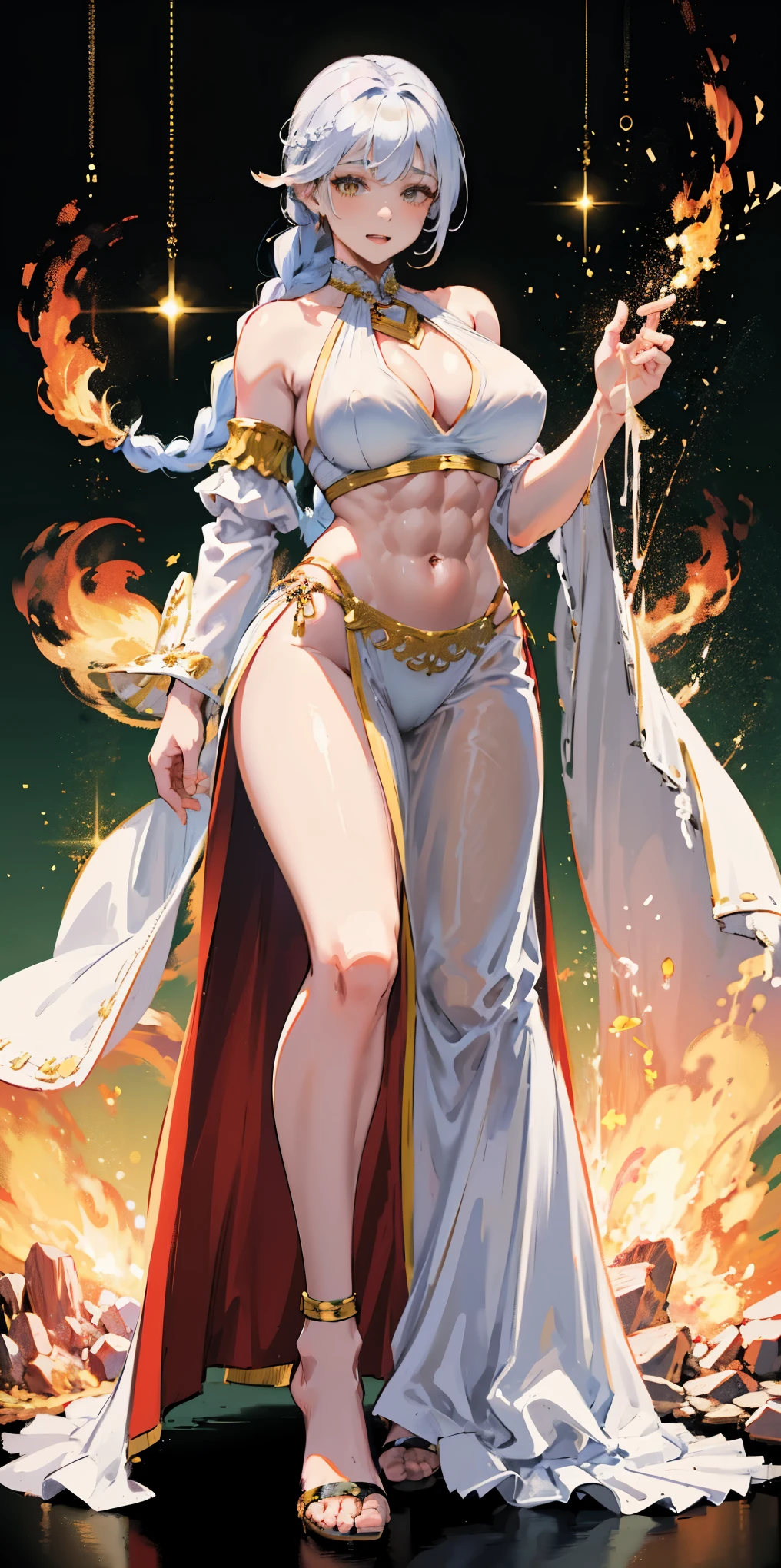 1girl full body standing, nice ass, Hairstyle with a braid, white colored hair, Yellow eyes, perfect lighting, muscular, thights, Mature woman, mummy, bellybutton, Abs, looks at the viewer (tmasterpiece, hiquality: 1.1) ssmile, Extremely huge breasts, Maternal, porcelain skin, extra very long hair, sparkly skin, good face, chest cover