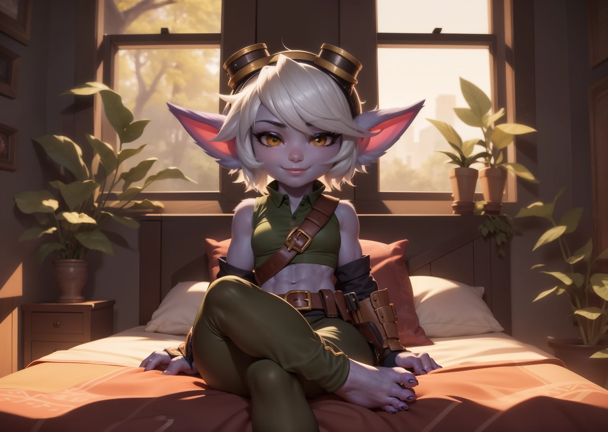 [tristana], [LOL], ((masterpiece)), ((HD)), ((high res)), ((beautiful render art)), ((solo portrait)), ((full body)), ((front view)), ((feet visible)), ((detailed shading)), {(attractive), (short), yordle, (purple skin), (elf ears), (short white hair), (cute brown eyes), (detailed iris), (short eyelashes), (curvy hips), (detailed abs), (thick thighs), (detailed legs), (beautiful legs), (beautiful feet), (smug smirk), (excited expression)}, {(green sleeveless shirt), (navel), (tight green pants), (brown belt), (utility belt), (brown gauntlets), (fingerless gloves), (toeless socks), (goggles on head)}, {(laying on bed), (crossed legs), (curled toes), (looking at viewer)}, [background; (bedroom), (window), (forest), (blue sky), (sun rays), (ambient lighting)]