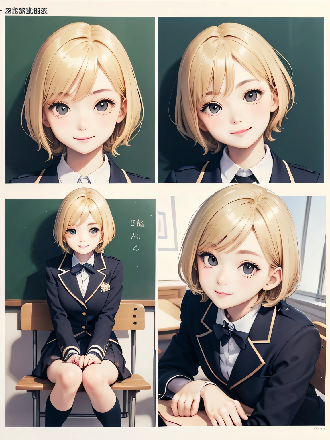 close up of face、smile、sit、blonde、short hair、girl1、uniform、School
