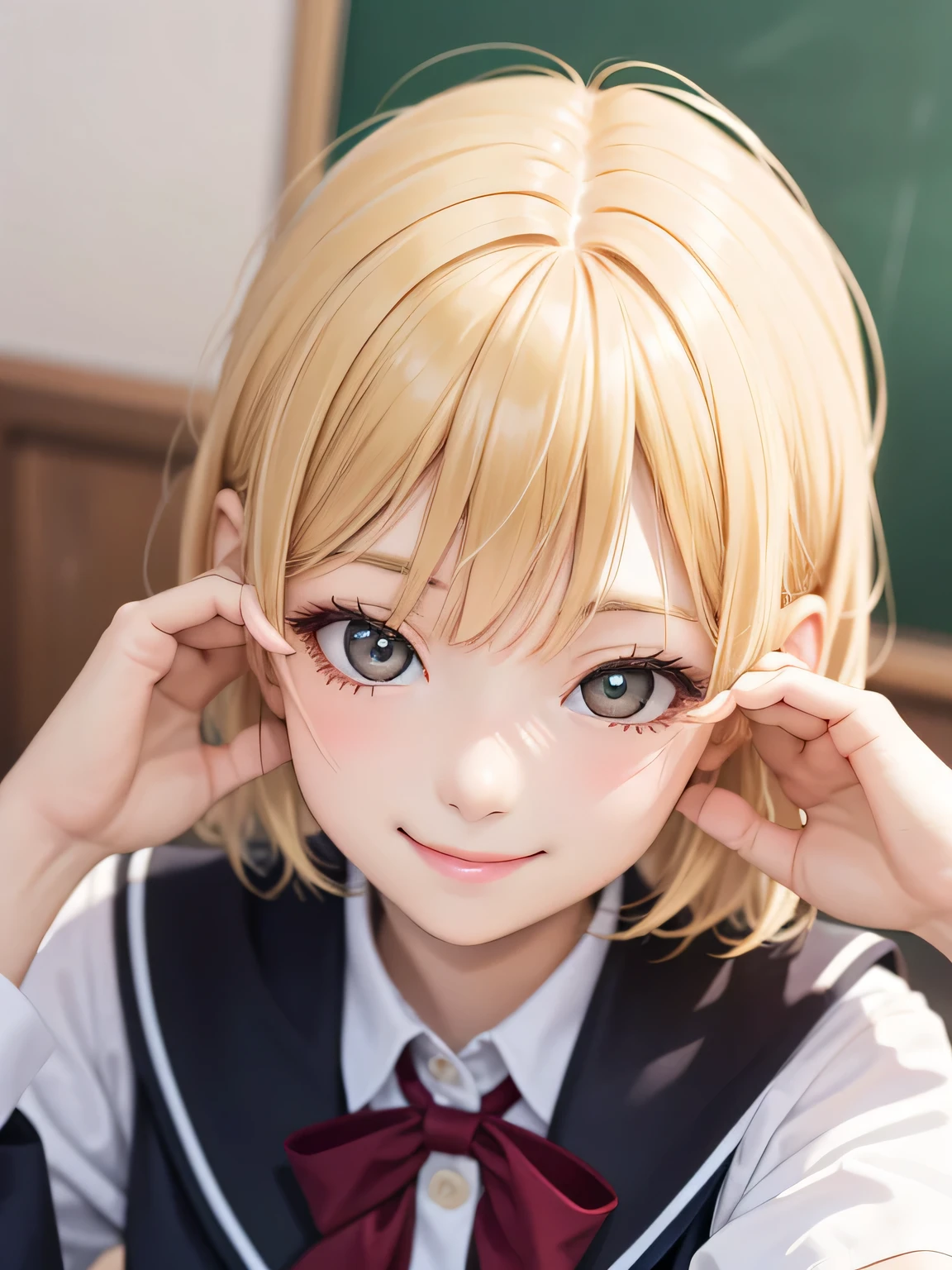 close up of face、smile、sit、blonde、short hair、girl１、uniform、School