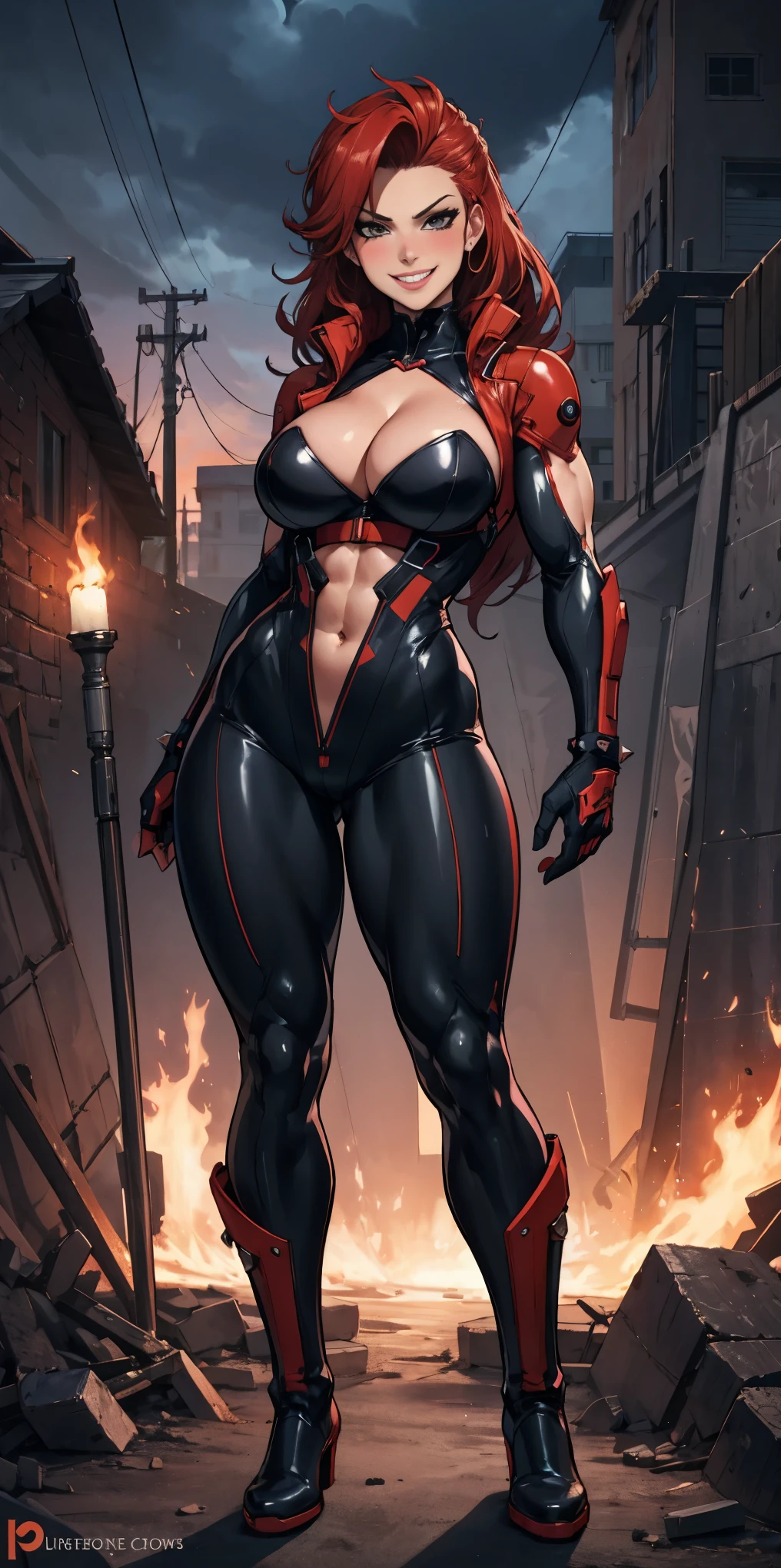 full body standing good face, nice ass, red spiky hair, beautiful woman, wide hips, cleavage, jumpsuit, leotard, heavy boots, apocalypse, muscular, thights, Mature woman, Abs, looks at the viewer, lustful smirking smile face red blush