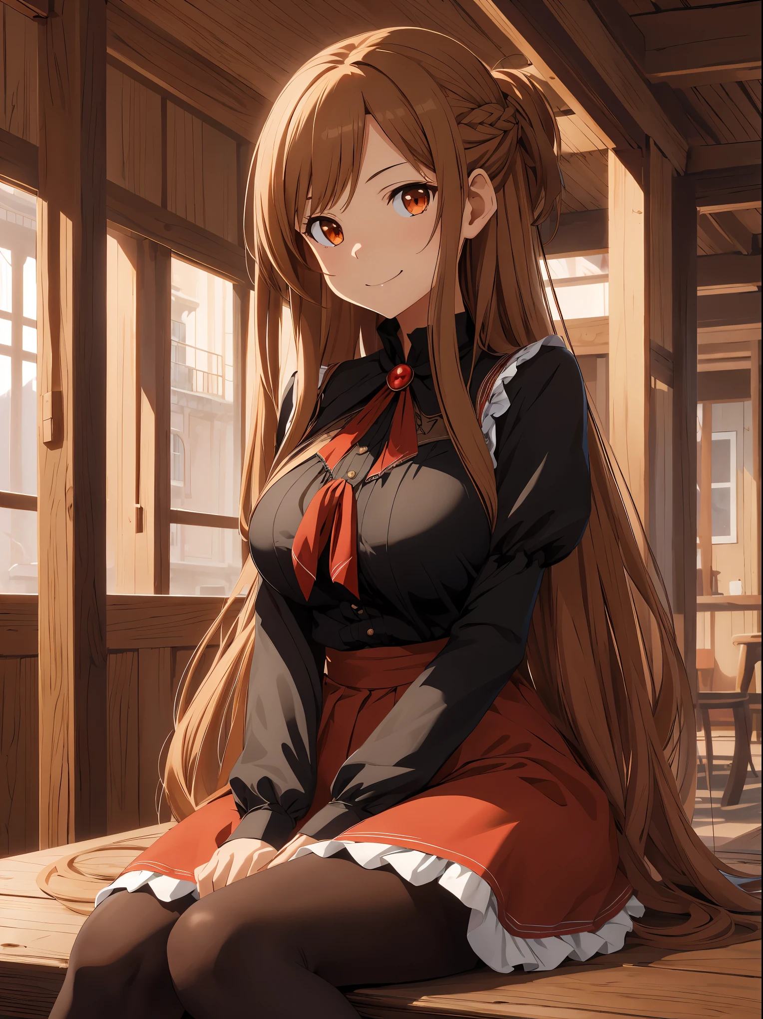masutepiece, Best Quality, hight resolution, Arsuna, Long Layered hair, Brown hair, braid, Brown evil eyes,black shirt,red skirt, black pantyhose,cowboy shot,Huge breast,slim body type,Victorian maid dress,sitting,light smile, Town,city,fantasy,