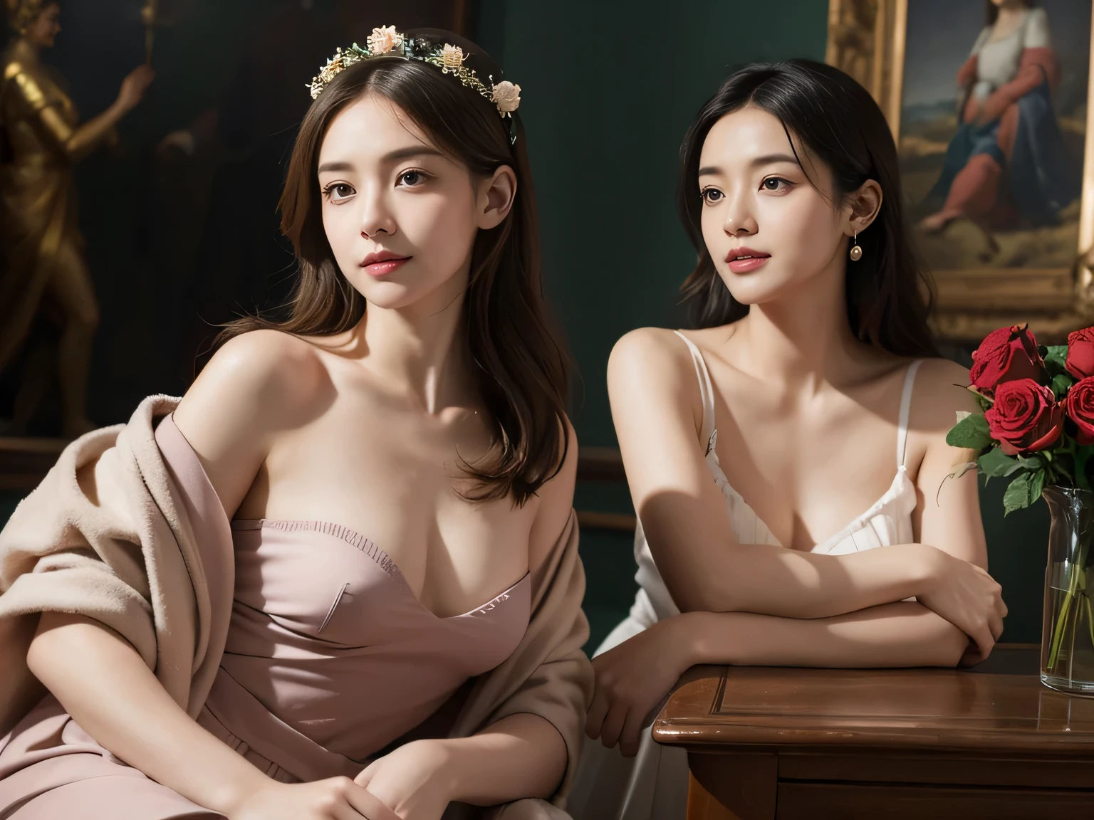 Jacques-Louis David painting style,Arguments of two female Philosophe,ath、astronomical machine、astronaut、roses in vase、fruits、Cute trinkets、smile、ancient greek costume、Sandro Botticelli paintings、Clothes that stretch your shoulders、A big smile、beautiful bare skin、A detailed representation of the seducing woman throughout her body.