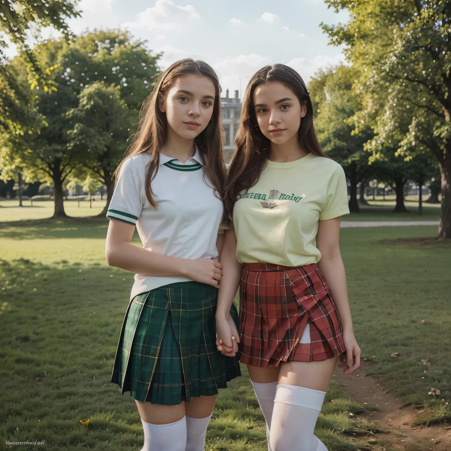 (full-body portrait,teenage girls:1.1,Scottish school uniform,red skirt,white socks,green park),illustration,detailed hair,expressive eyes,beautiful lips,natural pose,friends holding hands,vibrant colors,sunlit scenery,breezy atmosphere,high contrast lighting,photorealistic painting