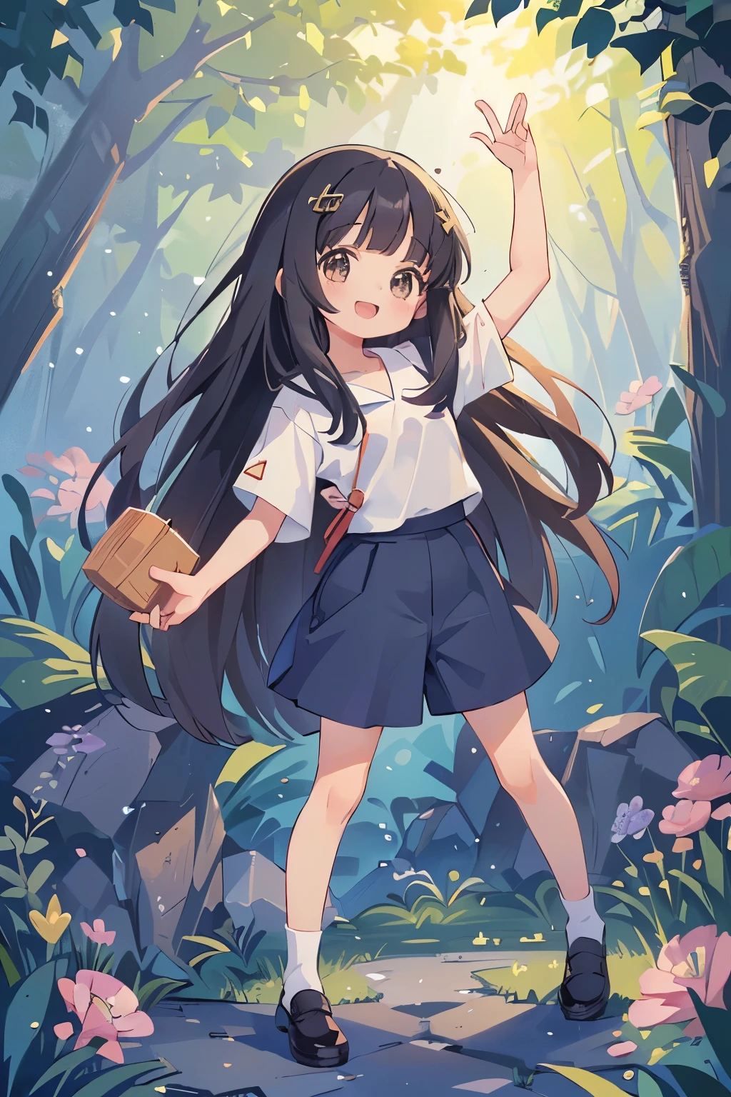 highest quality、full body figure、black hair、straight hair、long hair、()、(可愛いpetiteな女の子、、12 year old girl:1.4)、(culottes:1.5)、Mature look、smile