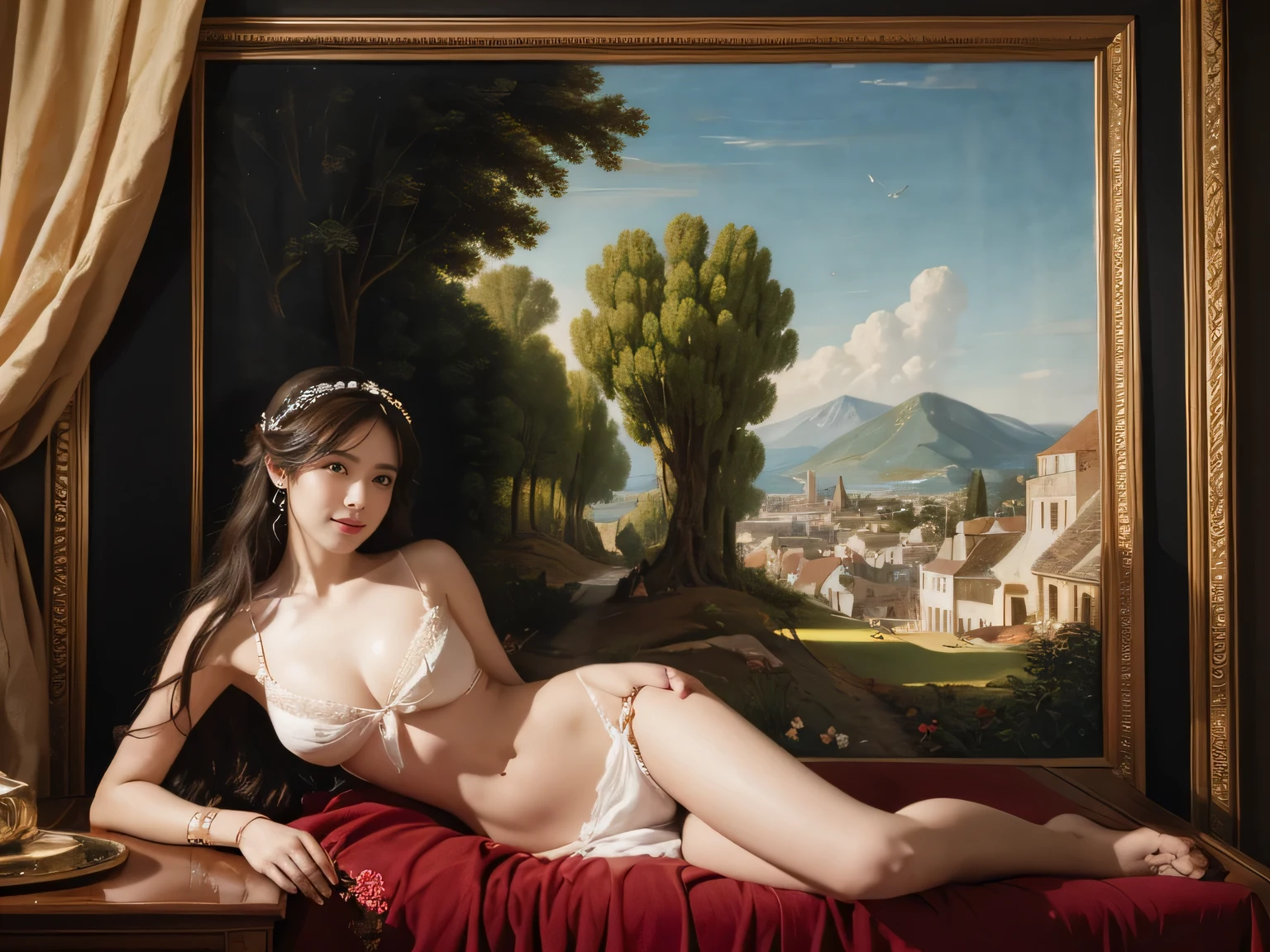 Jacques-Louis David painting style,Arguments of two female Philosophe,ath、astronomical machine、astronaut、roses in vase、fruits、Cute trinkets、smile、ancient greek costume、Sandro Botticelli paintings、Clothes that stretch your shoulders、A big smile、beautiful bare skin、A detailed representation of the seducing woman throughout her body.

