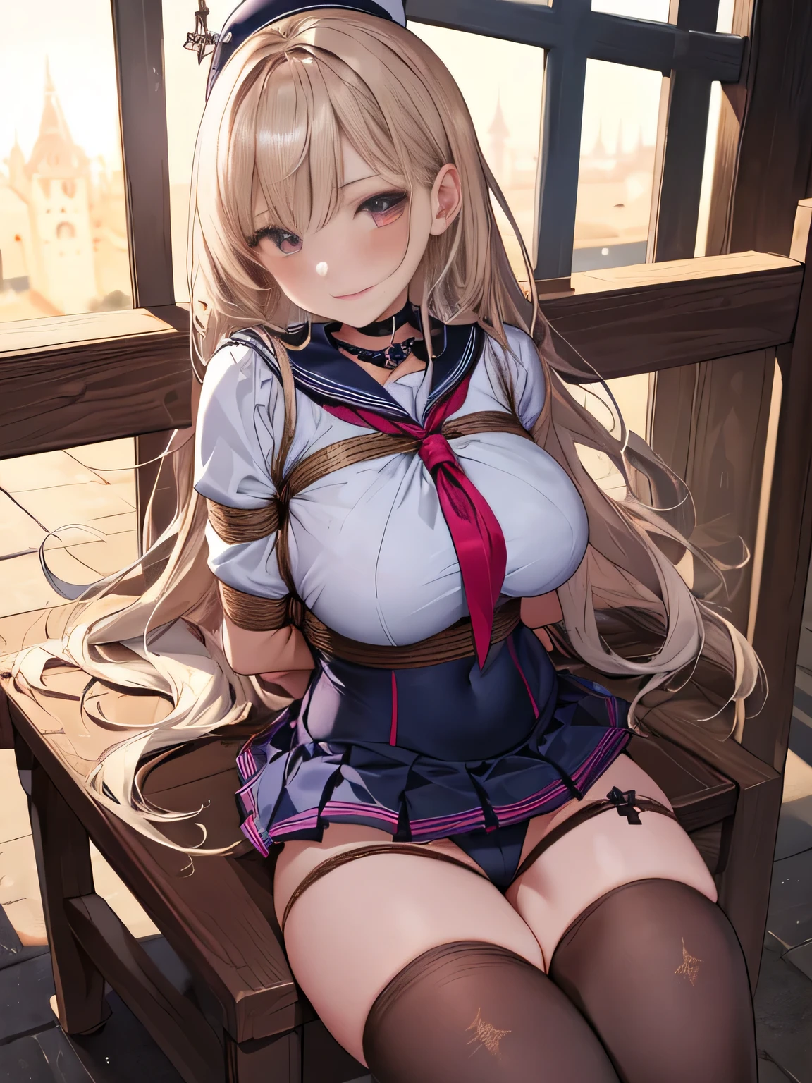 highest quality、High resolution、detailed background、beautiful and detailed face、beautiful and smooth skin、skin texture、professional lighting、Beautiful age girl、(huge breasts:1.3)、((sexy sailor suit))、Pleated mini skirt with tartan plaid pattern、cute hairstyle、white knee high socks、
((tied to a chair、the whole body is restrained、Hands and feet are restrained、))、tied up and legs spread、emphasize the chest、underboobを強調する、No bra、chest is restricted、Arms are tied、tied up with a rope、 underboob、panty shot、white panties、camel toe、
look at me happy、Palace of Versailles in France