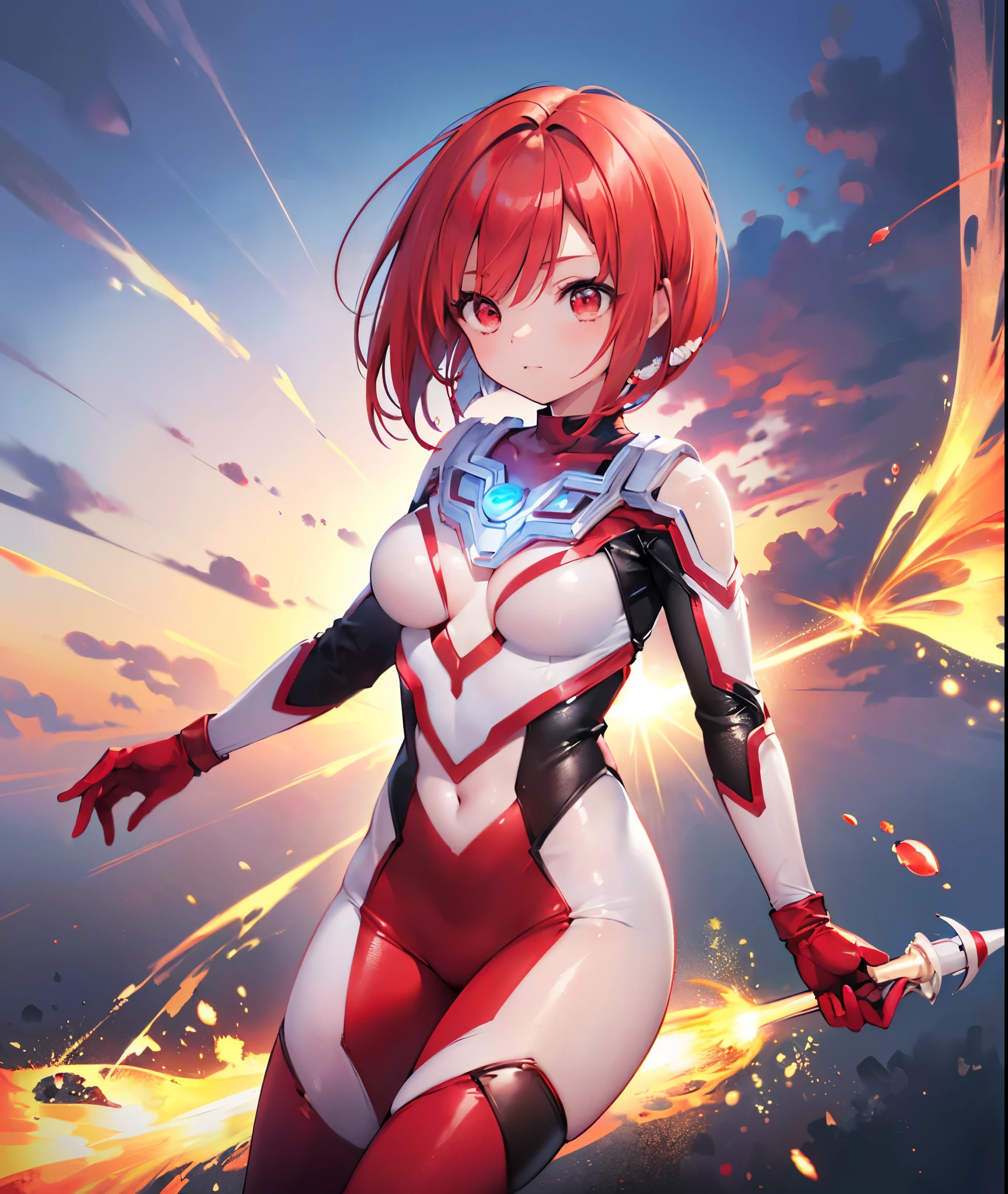 super close up,highest quality, Super detailed, High quality CG drawing, The most delicate and beautiful, floating gently, High resolution, (1 female), (best image quality,4k,8k,masterpiece:1.2),(All red-haired:1.5),(short bob:1.5),bangs,(red eyes:1.5), (ultra girl :1.0), (All red ultraman bodysuit:1.4),slightly larger breasts,red gloves