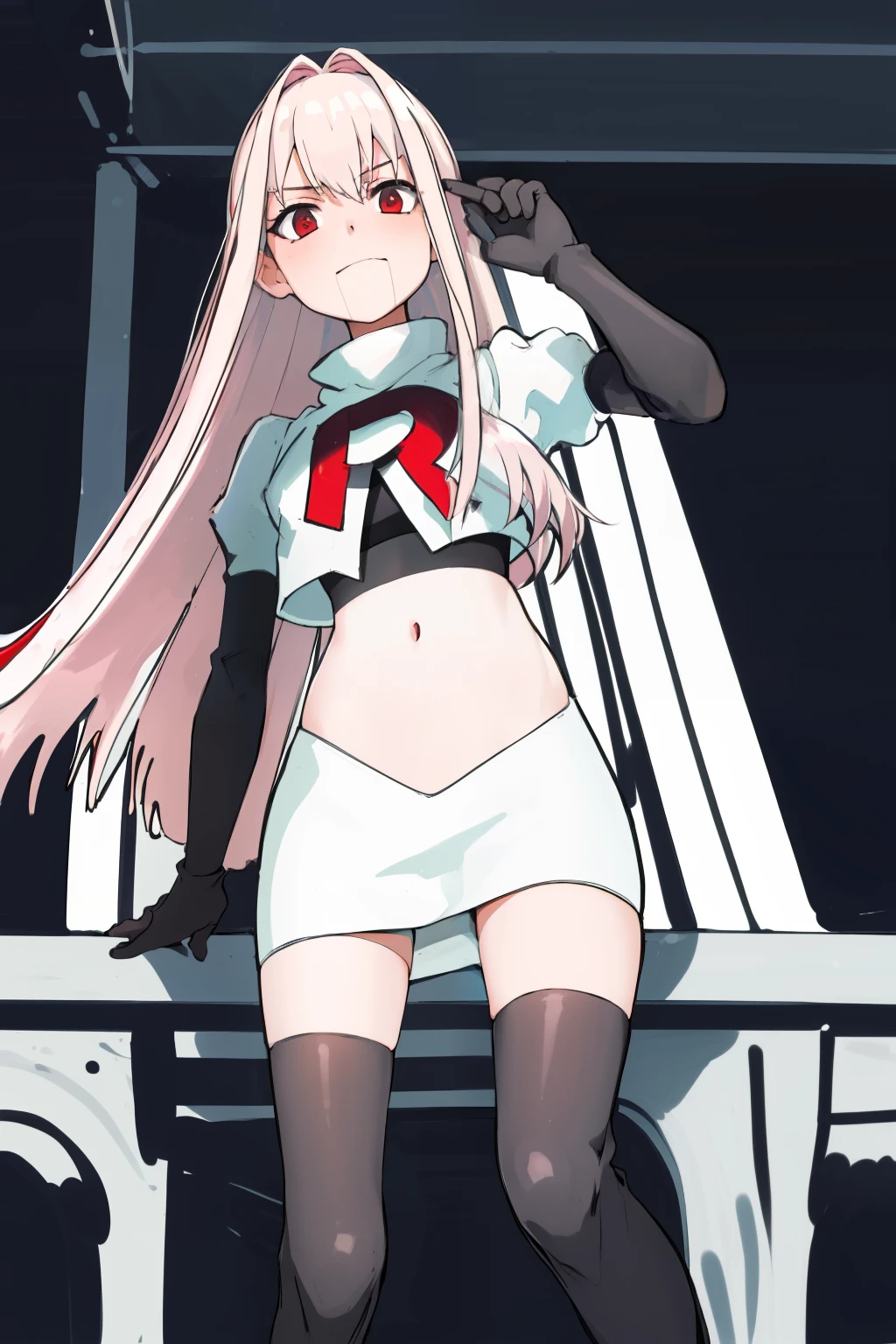 Masterpiece, Detailed, High quality, (absurdist), High Sharpness, High resolution, maiddoll, face mark,1girls, Solo, light pink hair,team rocket,team rocket uniform, red letter R, white skirt,white crop top,black thigh-highs, black elbow gloves,