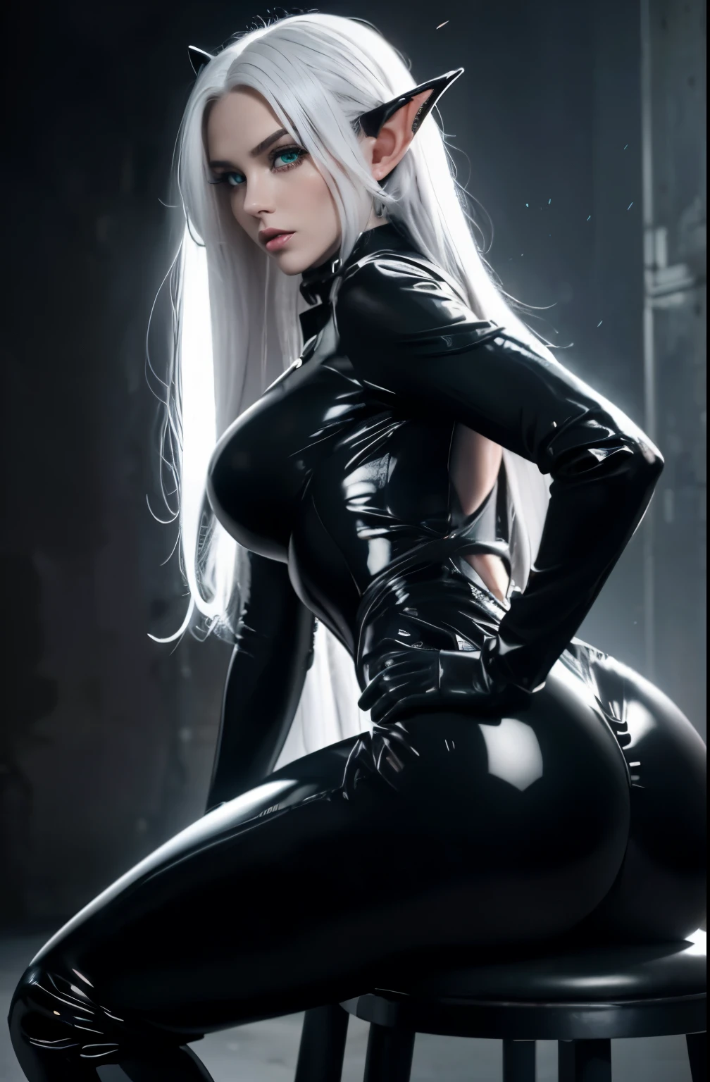 super fine photo, portrait Unreal Engine 5 8K UHD of malicious beautiful girl, sexy, elf, long White hair, Green eyes, crouching in a skin, tight black latex outfit, the whole body is covered with black latex, rubber belts, slick black catsuit, black iconic character, smooth black skin, black body, PVC, some black, latex suit, rubber suit, rubber belts, collar, rubber glove, rubber high boots, arm and leg cuffs, straps, best quality, masterpiece, official art, unified 8k wallpaper, super detailed, sharp focus, Full length, legs open, ass open, her back, erotically Sits backwards on a chair. body parts, no extra limbs, precisely anatomy