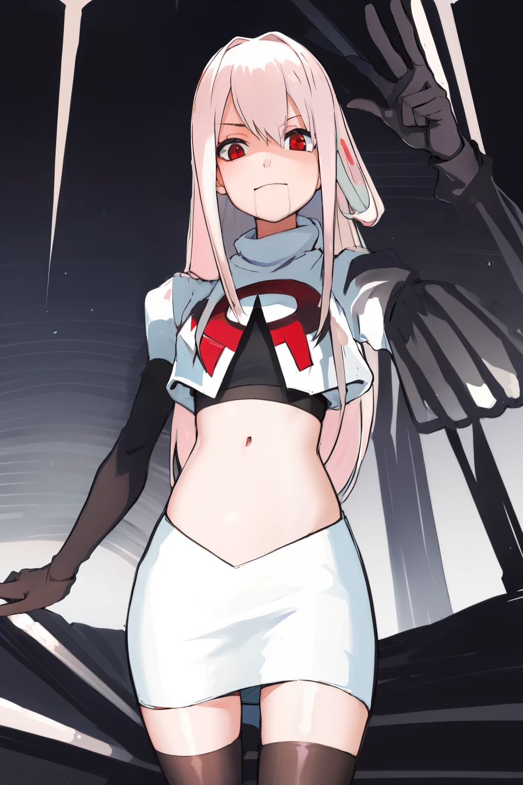 Masterpiece, Detailed, High quality, (absurdist), High Sharpness, High resolution, maiddoll, face mark,1girls, Solo, light pink hair,team rocket,team rocket uniform, red letter R, white skirt,white crop top,black thigh-highs, black elbow gloves,