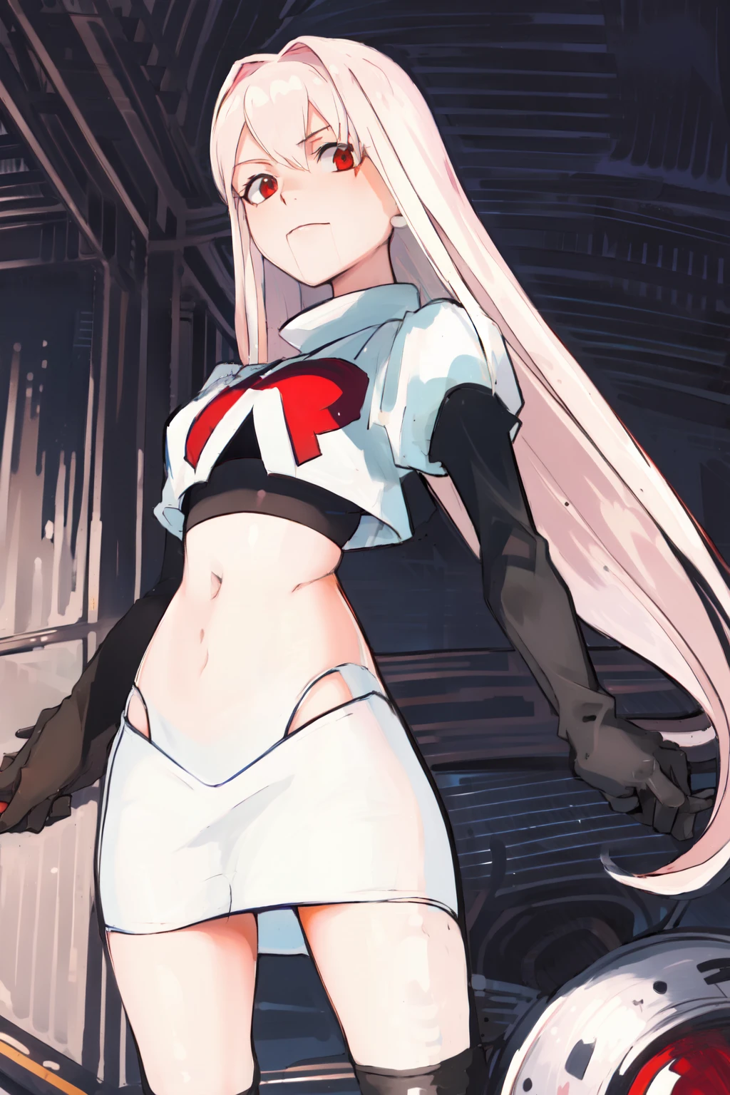 Masterpiece, Detailed, High quality, (absurdist), High Sharpness, High resolution, maiddoll, face mark,1girls, Solo, light pink hair,team rocket,team rocket uniform, red letter R, white skirt,white crop top,black thigh-highs, black elbow gloves,