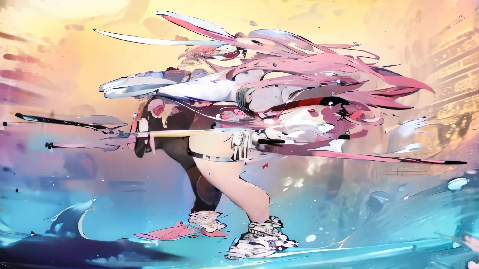 Anime girl with pink hair and bunny ears holds a gun., Kuchart Krenz Key Art Feminine, artwork in the style of Gouvice, From the video game Azur Lane, Gouvice, Azure Lane Style, From the girls at the front, Best konachan anime wallpaper 4k, Ayaka Genshin Impact, Azur Lane characters, Avant-garde style for girls