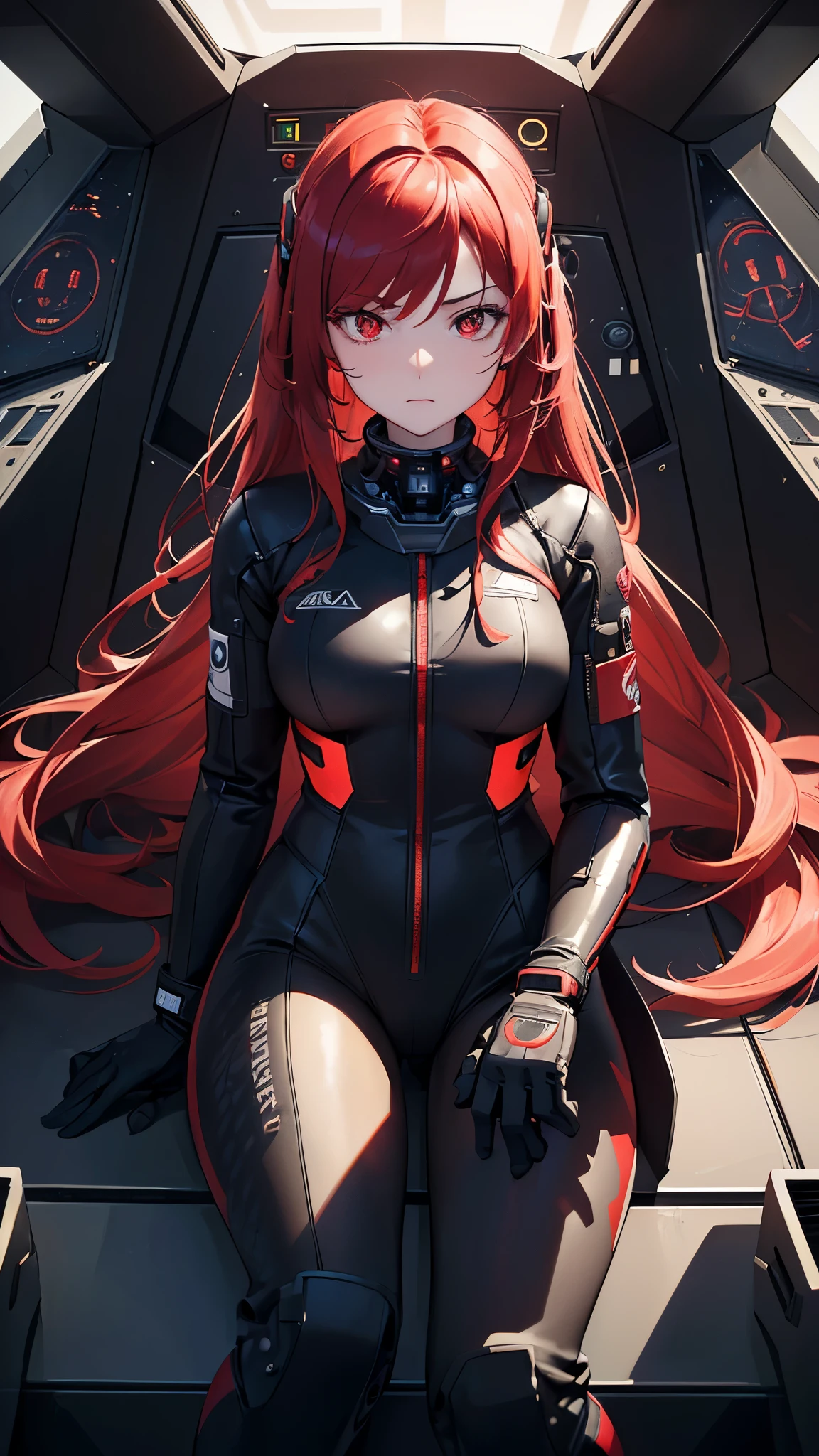 (perfect anatomy, masterpiece:1.2, best quality, 8k, beautiful detailed grow, daydreaming expression), (Inside the robot cockpit, sit down girl), (solo:1.2 red hair long hair beauty red eyes immensely beautiful girl), serious face, (in a black space pilot suit), background universe.