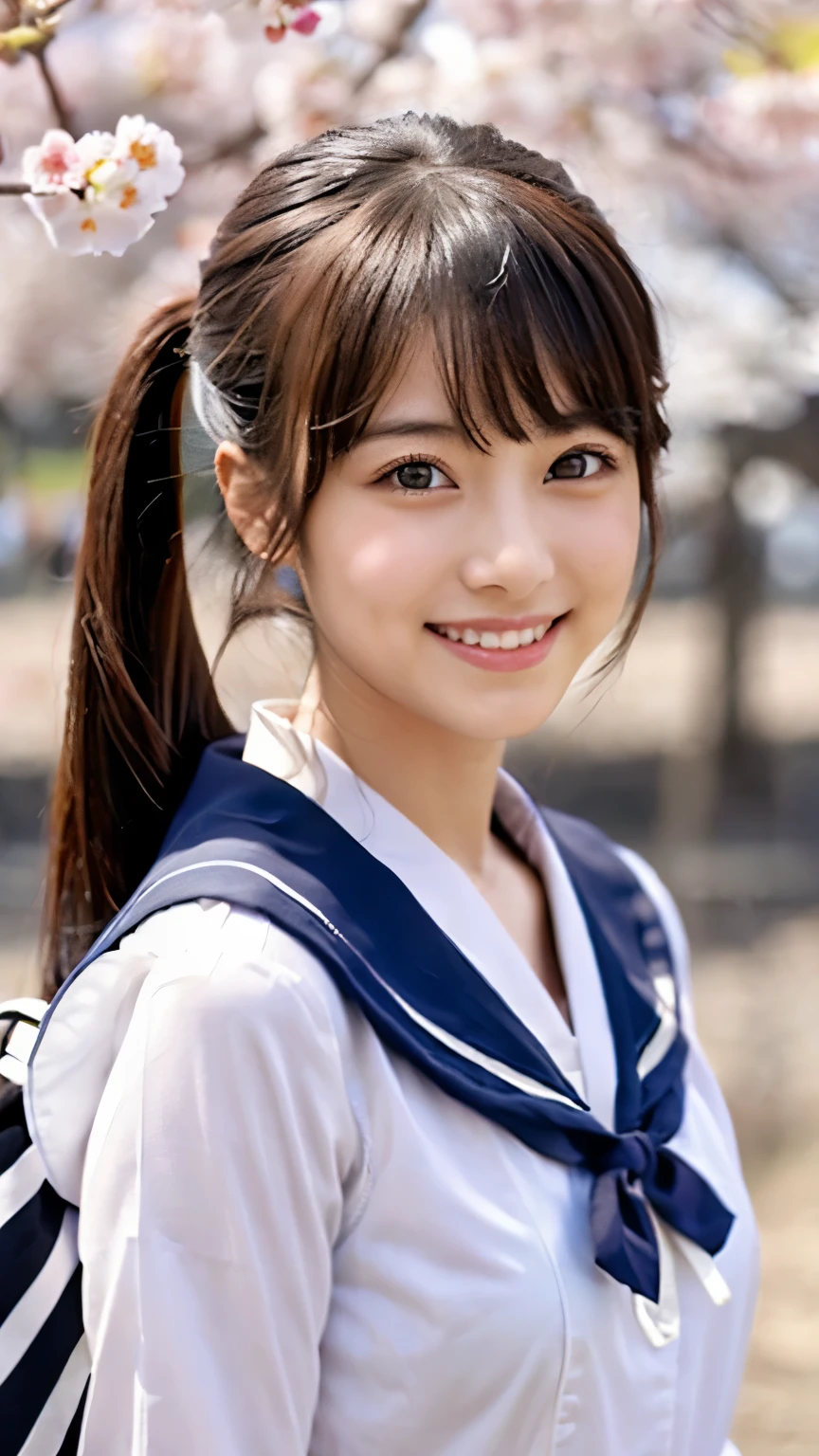 (((beautiful japanese high school girl))) 、1 person、twin tails、(((At the cherry blossom trees in bloom)))、doing a sexy pose、(((Revealing sailor suit)))、(((Glamour)))、((smile))、photorealistic、With a clearer image、beautiful detailed eyes、hyper realism、high contrast、Ultra HD、realistic skin texture、Highest image quality、highest quality、ultra high resolution、Finely detailed、very carefully