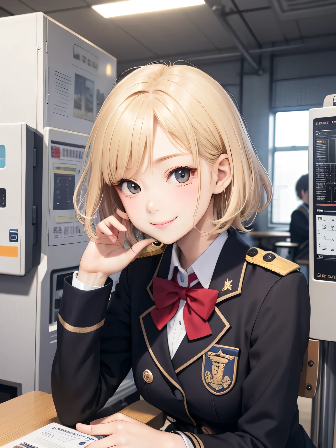 close up of face、smile、sit、blonde、short hair、girl1、uniform、mechanical、School