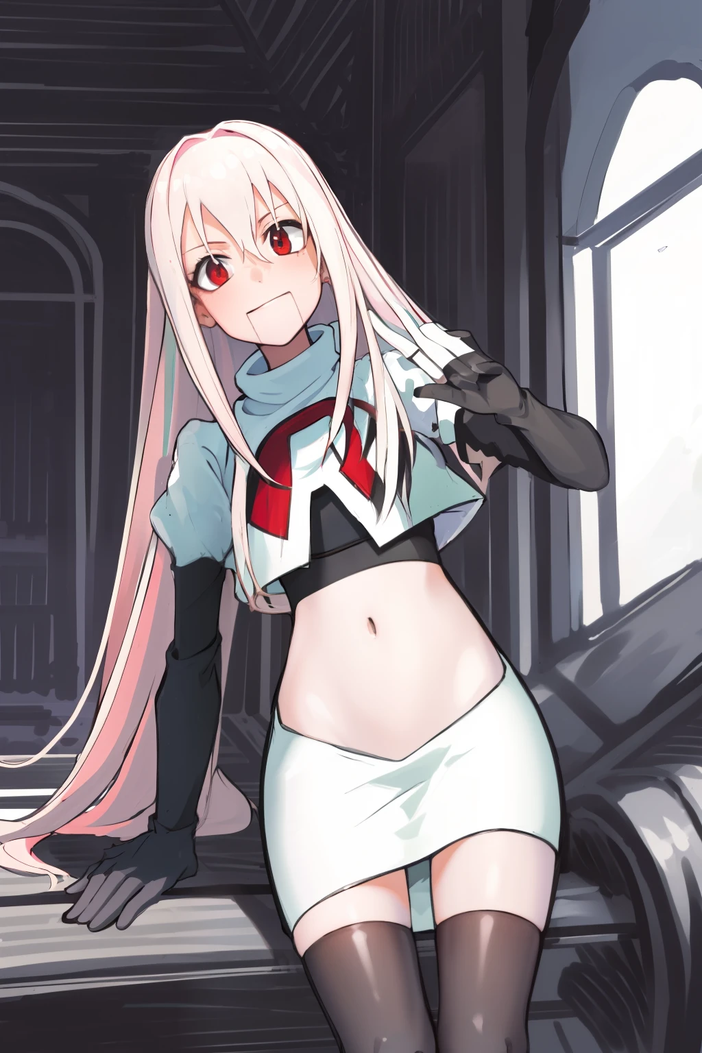 Masterpiece, Detailed, High quality, (absurdist), High Sharpness, High resolution, maiddoll, face mark,1girls, Solo, light pink hair,team rocket,team rocket uniform, red letter R, white skirt,white crop top,black thigh-highs, black elbow gloves,