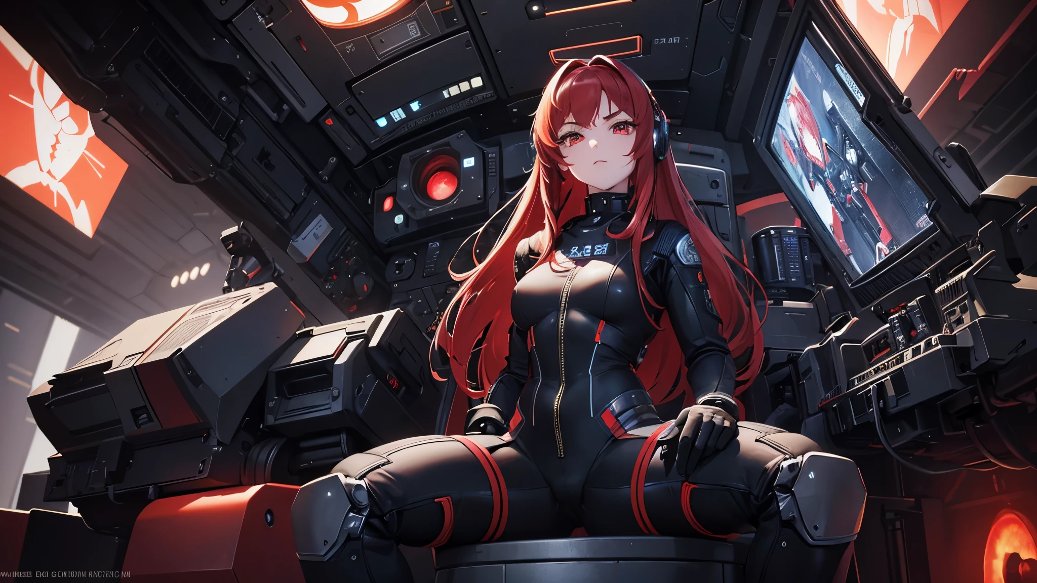 (perfect anatomy, masterpiece:1.2, best quality, 8k, beautiful detailed grow, daydreaming expression), (Inside the robot cockpit, sit down girl), (solo:1.2 red hair long hair beauty red eyes immensely beautiful girl), serious face, (in a black space pilot suit), background universe.