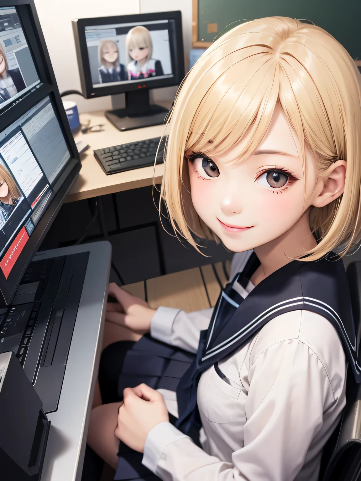 close up of face、smile、sit、blonde、short hair、girl1、uniform、mechanical、School