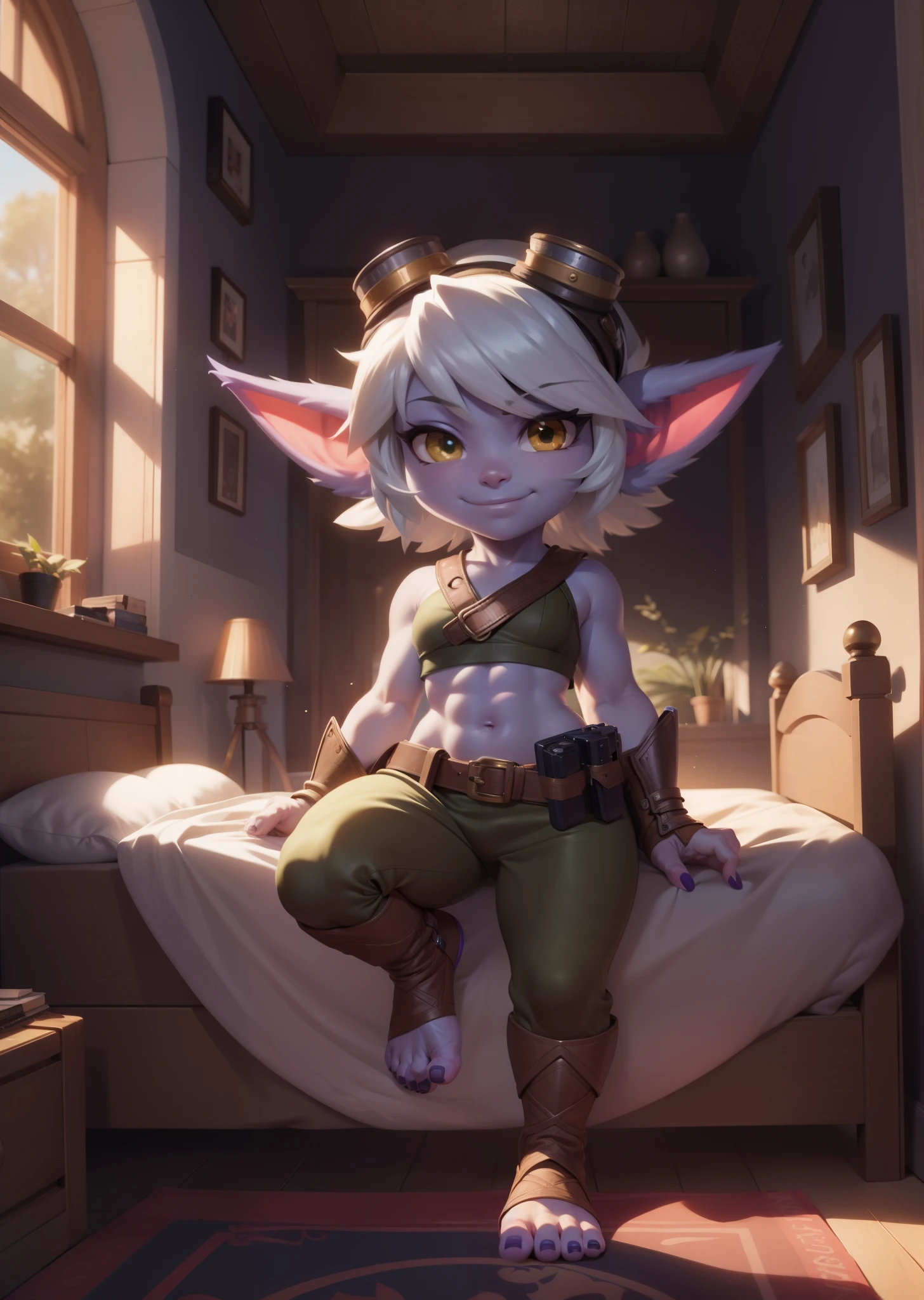 [tristana], [LOL], ((masterpiece)), ((HD)), ((high res)), ((beautiful render art)), ((solo portrait)), ((full body)), ((front view)), ((feet visible)), ((detailed shading)), {(attractive), (short), yordle, (purple skin), (elf ears), (short white hair), (cute brown eyes), (detailed iris), (short eyelashes), (sharp nails), (curvy hips), (detailed abs), (thick thighs), (detailed legs), (beautiful legs), (beautiful feet), (detailed toes), (smug smirk), (excited expression)}, {(green sleeveless shirt), (navel), (tight green pants), (brown belt), (utility belt), (brown gauntlets), (fingerless gloves), (toeless socks), (goggles on head)}, {(laying on bed), (legs spread open), (looking at viewer)}, [background; (bedroom), (window), (forest), (blue sky), (sun rays), (ambient lighting)]