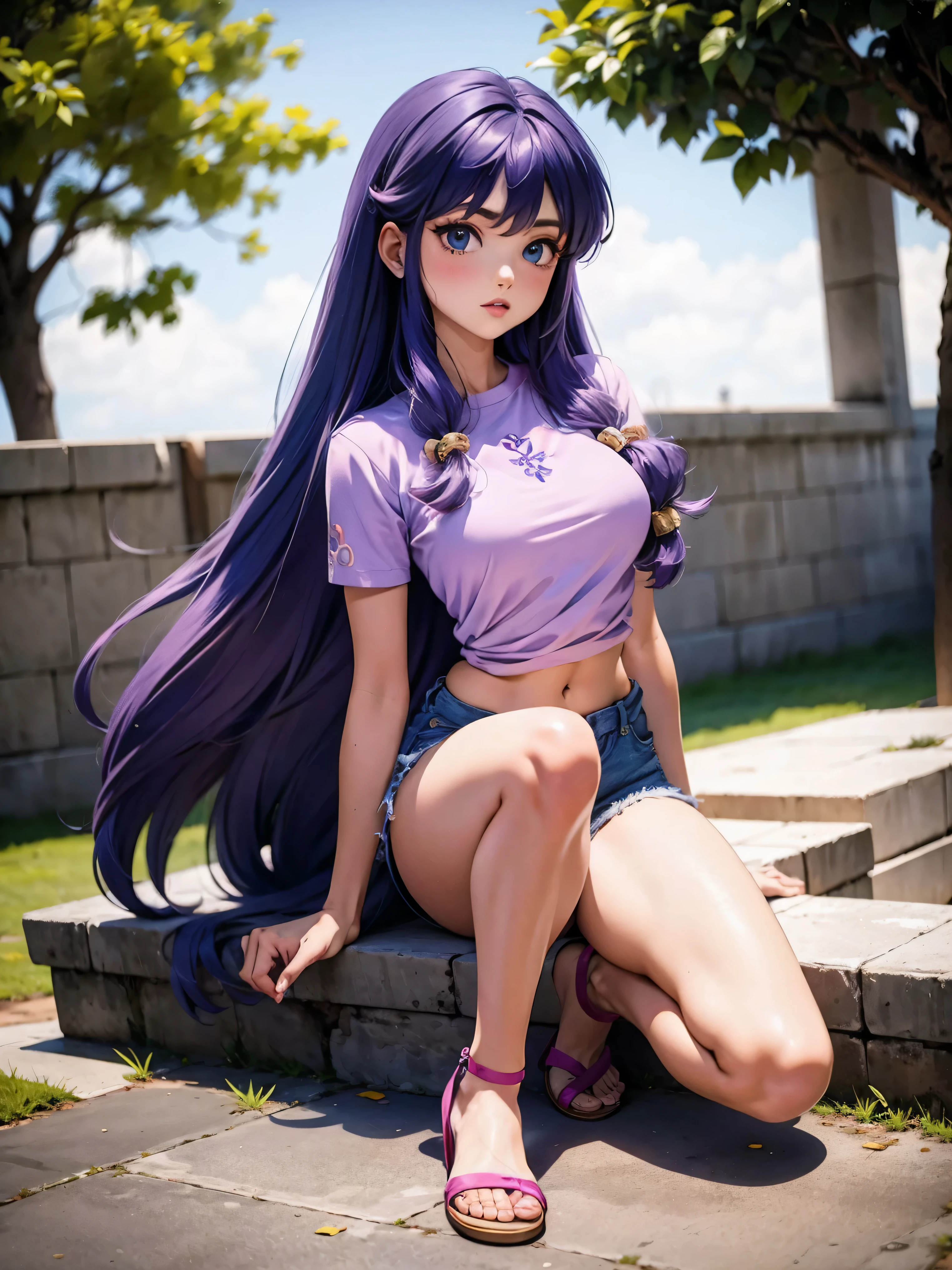 Anime cabelo purple com short jeans e blusa rosa brilhante, *******, corpo bonito, seios grandes, com as hands on chest, hands on chest, Garota sexy, purple cabelo, mechas de cabelo laterais, mechas de cabelo na lateral do rosto, beautiful lighting, sombras suaves, olhos azuis, pernas bonitas, cabelo longo purple, estilo anime, personagem Shampoo Chan, Autora Rumiko Takahashi, Baseado em obra de Rumiko Takahashi, Anime Ranma 1/ 2, decote sexy, quadril robusto, corpo inteiro, corpo inteiro, busto grande, garota jovem com corpo belo e bonito, sandals on his feet, garota ******* jovem baixa estatura, usando short jeans e blusa rosa brilhante, garota anime, estilo anime, beautiful feet in sandals, 45° viewing angle, ao ar livre, peito grande, seios bonitos, cabelo purple, sandals on the feet, pernas bonitas, sexy