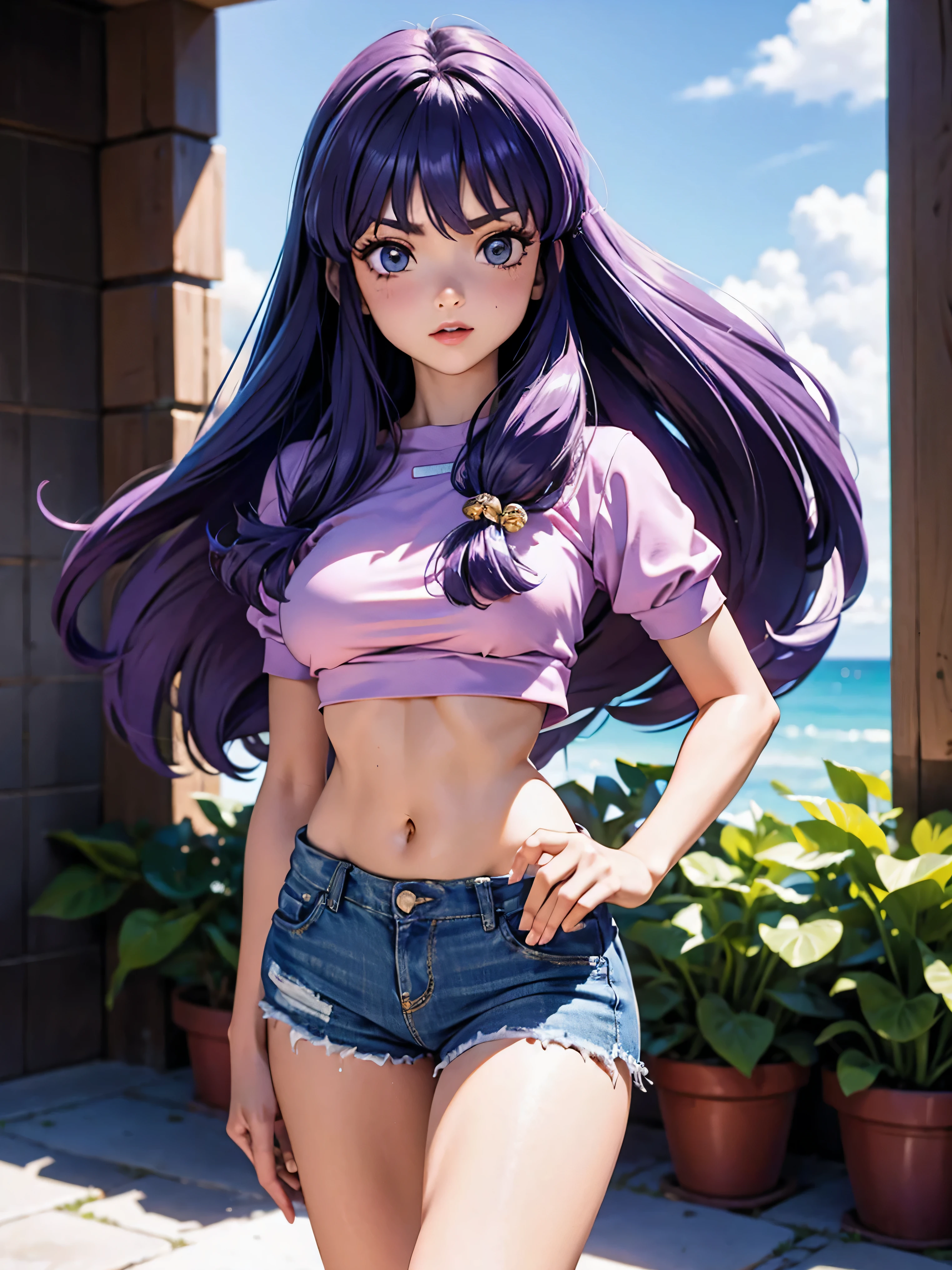 Anime cabelo purple com short jeans e blusa rosa brilhante, *******, corpo bonito, seios grandes, com as hands on chest, hands on chest, Garota sexy, purple cabelo, mechas de cabelo laterais, mechas de cabelo na lateral do rosto, beautiful lighting, sombras suaves, olhos azuis, pernas bonitas, cabelo longo purple, estilo anime, personagem Shampoo Chan, Autora Rumiko Takahashi, Baseado em obra de Rumiko Takahashi, Anime Ranma 1/ 2, decote sexy, quadril robusto, corpo inteiro, corpo inteiro, busto grande, garota jovem com corpo belo e bonito, sandals on his feet, garota ******* jovem baixa estatura, usando short jeans e blusa rosa brilhante, garota anime, estilo anime, beautiful feet in sandals, 45° viewing angle, ao ar livre, peito grande, seios bonitos, cabelo purple, sandals on the feet, pernas bonitas, sexy