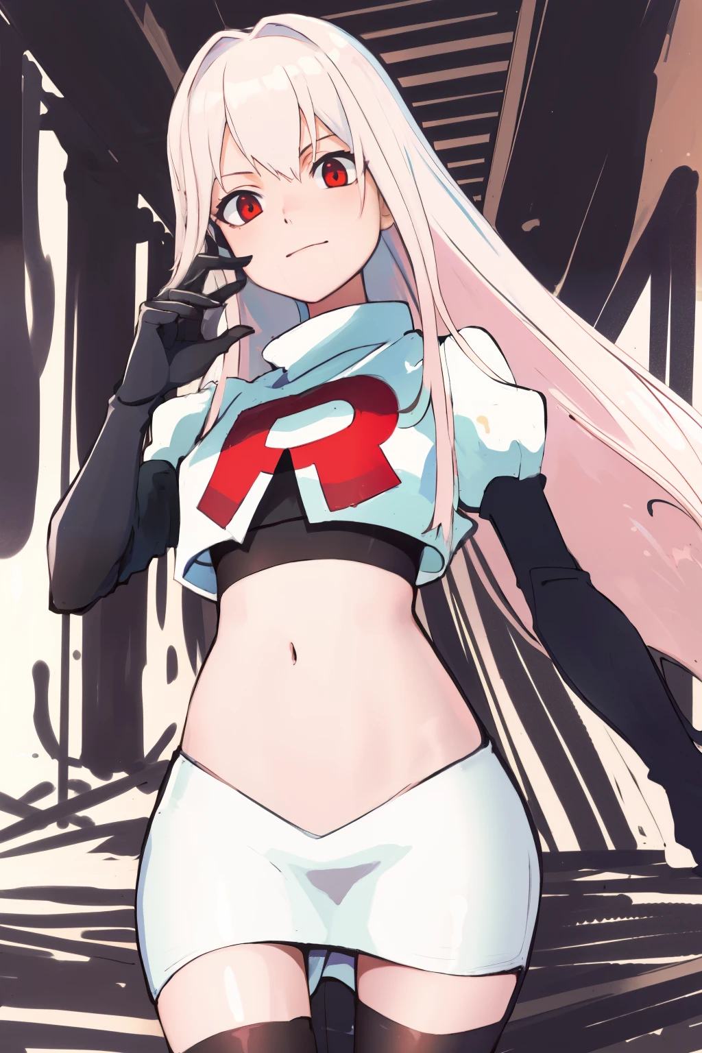 Masterpiece, Detailed, High quality, (absurdist), High Sharpness, High resolution, maiddoll, face mark,1girls, Solo, light pink hair,team rocket,team rocket uniform, red letter R, white skirt,white crop top,black thigh-highs, black elbow gloves,