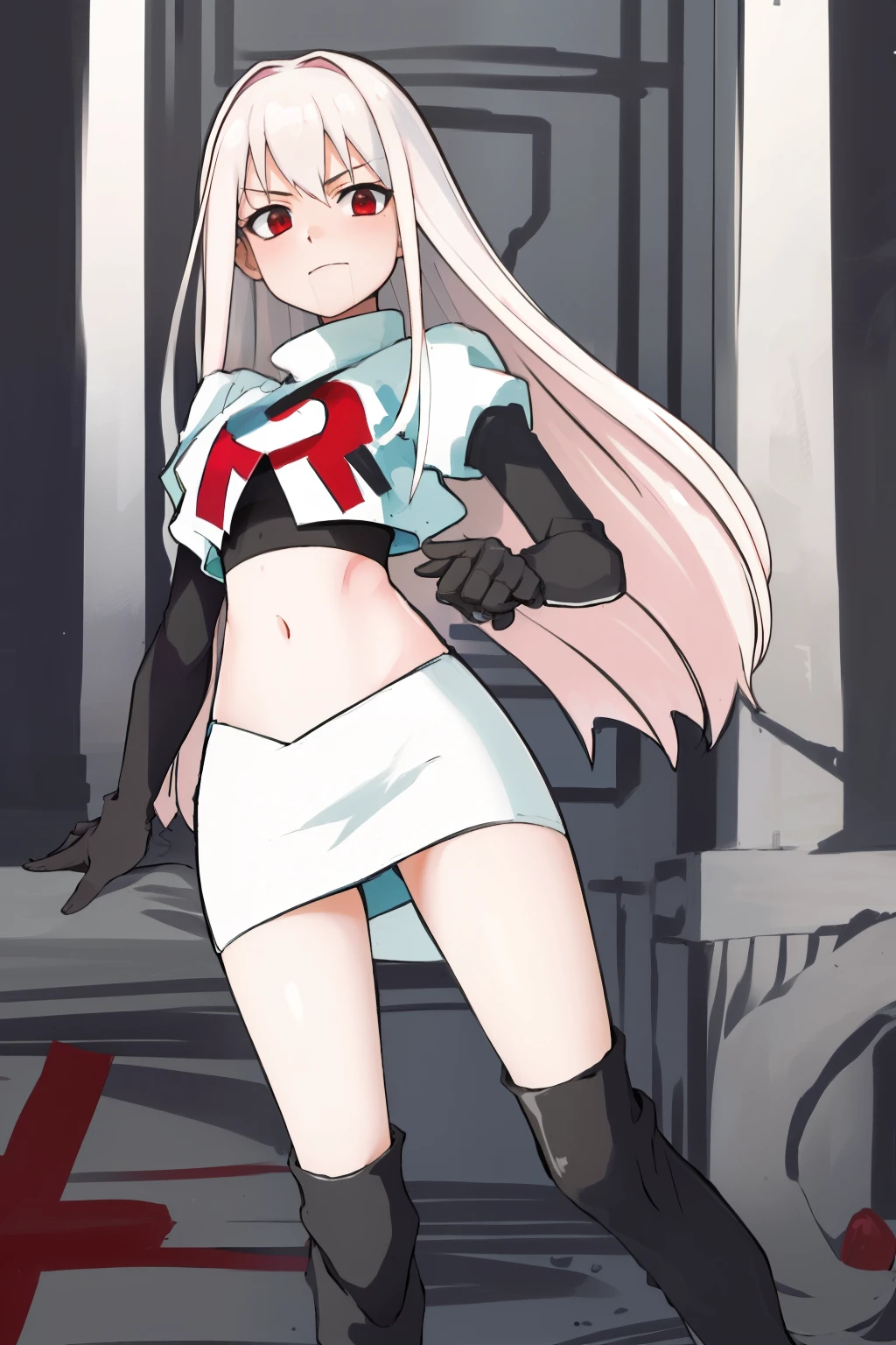 Masterpiece, Detailed, High quality, (absurdist), High Sharpness, High resolution, maiddoll, face mark,1girls, Solo, light pink hair,team rocket,team rocket uniform, red letter R, white skirt,white crop top,black thigh-highs, black elbow gloves,