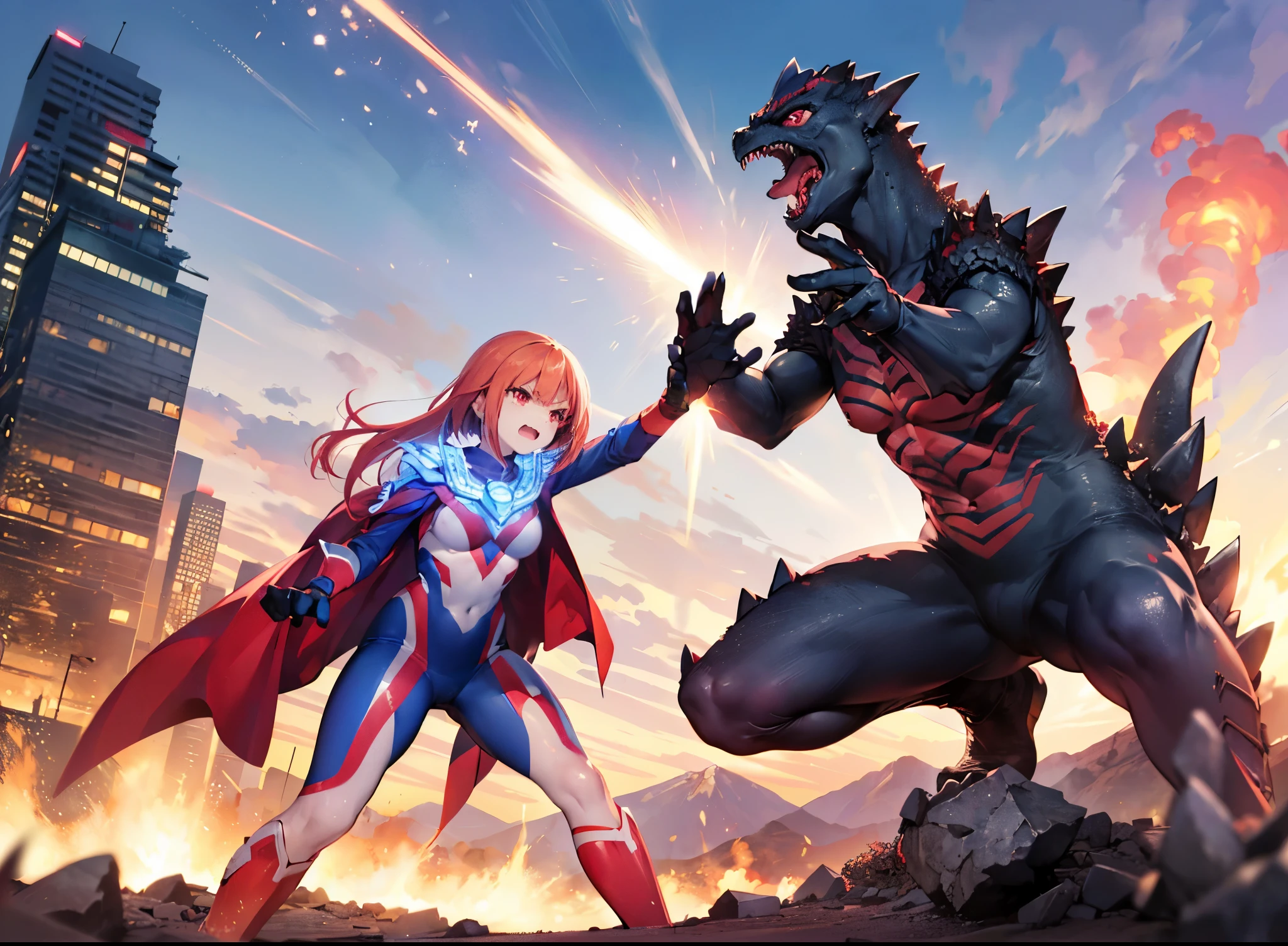 highest quality, ultra detail, High quality CG drawing, The most delicate and beautiful, Floating gently, High resolution, (1 girl), (Highest image quality,4K,8K,masterpiece:1.2),(all red hair:1.5),(short bob:1.5),(red eyes:1.5), Ultraman,(ultra girl :1.0), (全部赤いUltramanボディスーツ:1.4),slightly bigger breasts,red gloves,(rampage :1.0), whole body, (angry face :1.2), (finding stance), ((dynamic), be familiar with fingers, be familiar with hands, be familiar with face), everything is complicated, Godzilla (attack :1.2), (battle with monsters, battle with monsters, finding), be familiar with (Ruined buildings) behind, outside,The city is engulfed in flames