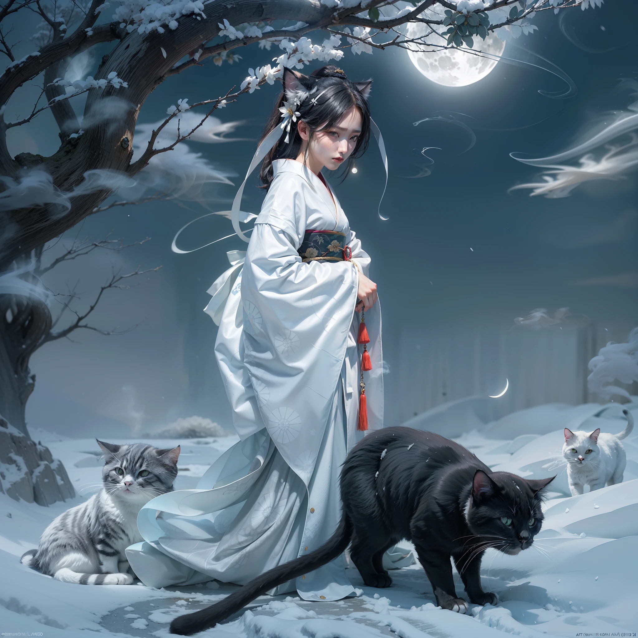 (award-winning masterpiece, incredibly detailed, textured and maximally detailed), (surrealistic:1.4), (stunningly anatomically perfect and beautiful style:1.9), (translucent oddly white skin and top quality realistic texture:1.8), (Yuki-onna in Japanese folk tales:1.6)), (half smile:1.7), ((cat ears on head:1.6)), (jet black eyes with exact circular symmetry), (dense and breathtakingly beautiful face:1.6), (image of aesthetic and decadentatmosphere:1.7), (calm white old Japanese kimono covering the whole body, damaged in places, with elegant and delicate patterns: 1.8), (fair but fair skin and face: 1.6), (beautiful, shiny hair blowing in the wind: 1.8), (Oiran's Hyogomage:0.6), (decadent, delicately crafted jewelry:1.8), (depraved beauty:1.6), (jet-black eyes that seem to radiate a strong inner light:1.7), (little skin:1.5), (strong moonlight overhead:1.7), ((dramatic photo)), ((cinematic light)), (look up), (look down), (Dramatic Pose), (Smoke Effects and Fascinating Light:1.4), (Bamboo thicket in back:0.3), Amida Hall in back, Vermilion Torii Gate, Wind Effect, Swirling Snow, Winter Storm, Wind and Rain, (Drifting Mist:1.3), Ice Field in Snowstorm, Quiet Snowfield on Moonlit Night (Full Length Image:1.9), (Dark Night, Night with Full Moon, Crescent Moon), MagnificentRealistic, Faded, ((Neutral Tone)), Art, (HDR:1.5), (Subdued Color:1.2), Highly Detailed, (Art Station:1.5), Cinematic, Warm Light, Light Effects, Dramatic Light (Complex Detail:1.1), Complex Background, (Greg Rutkowski:0.8), (Teal and Orange:0.4)