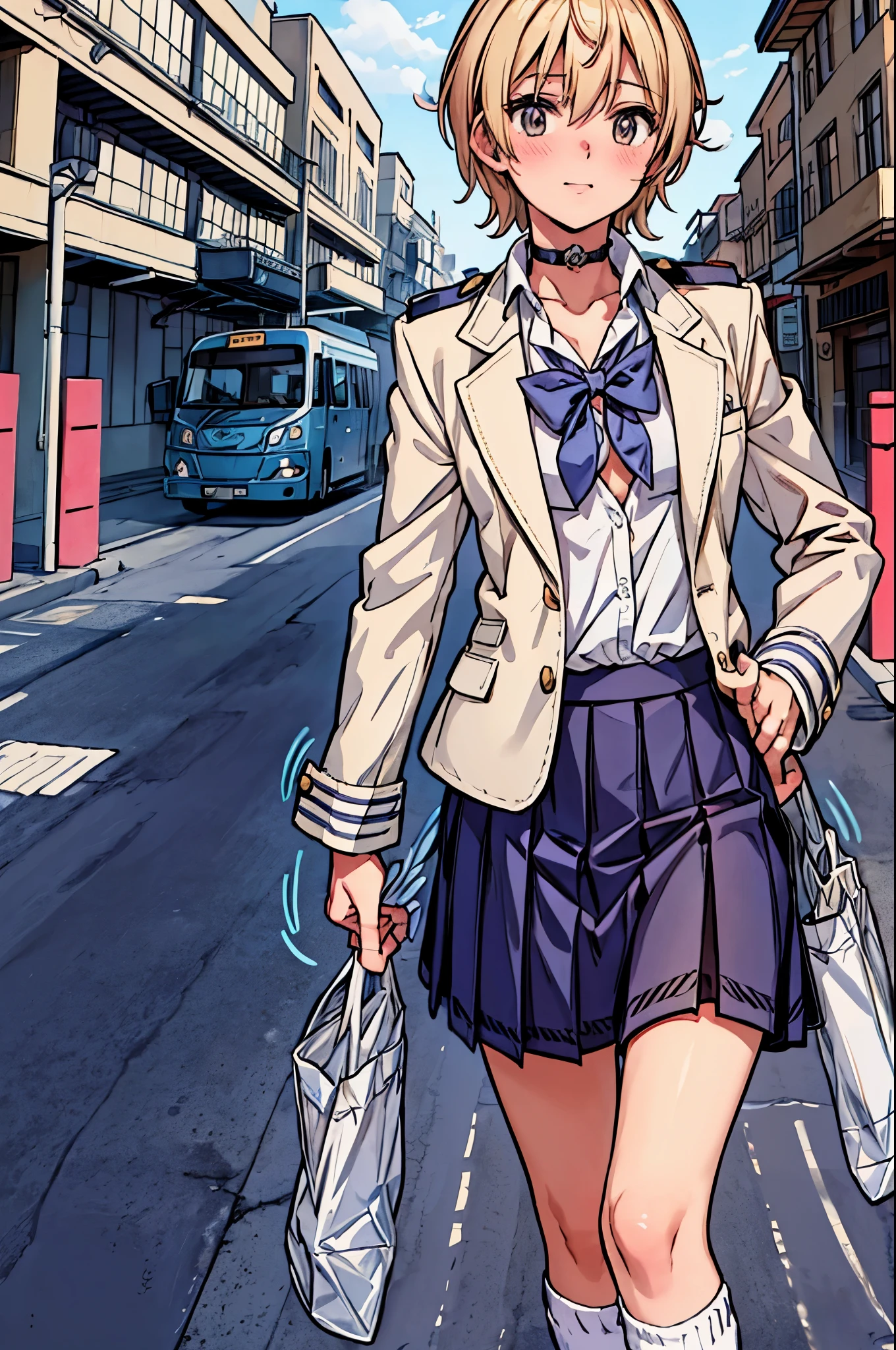 best quality,ultra-detailed,((background:outside street1,8)),(walking in the street),(cowboy shot),((one boy)),((fem boy)),((trap)),((bulge)),black-choker,((blonde short hair)),((man’s face)),((dress up as a woman)),((blush)),((flustred)),((poor chest)),((flat chest)),(school-uniform),(blazer-uniform),(loose-socks),(pumps),vibrant colors,soft lighting,