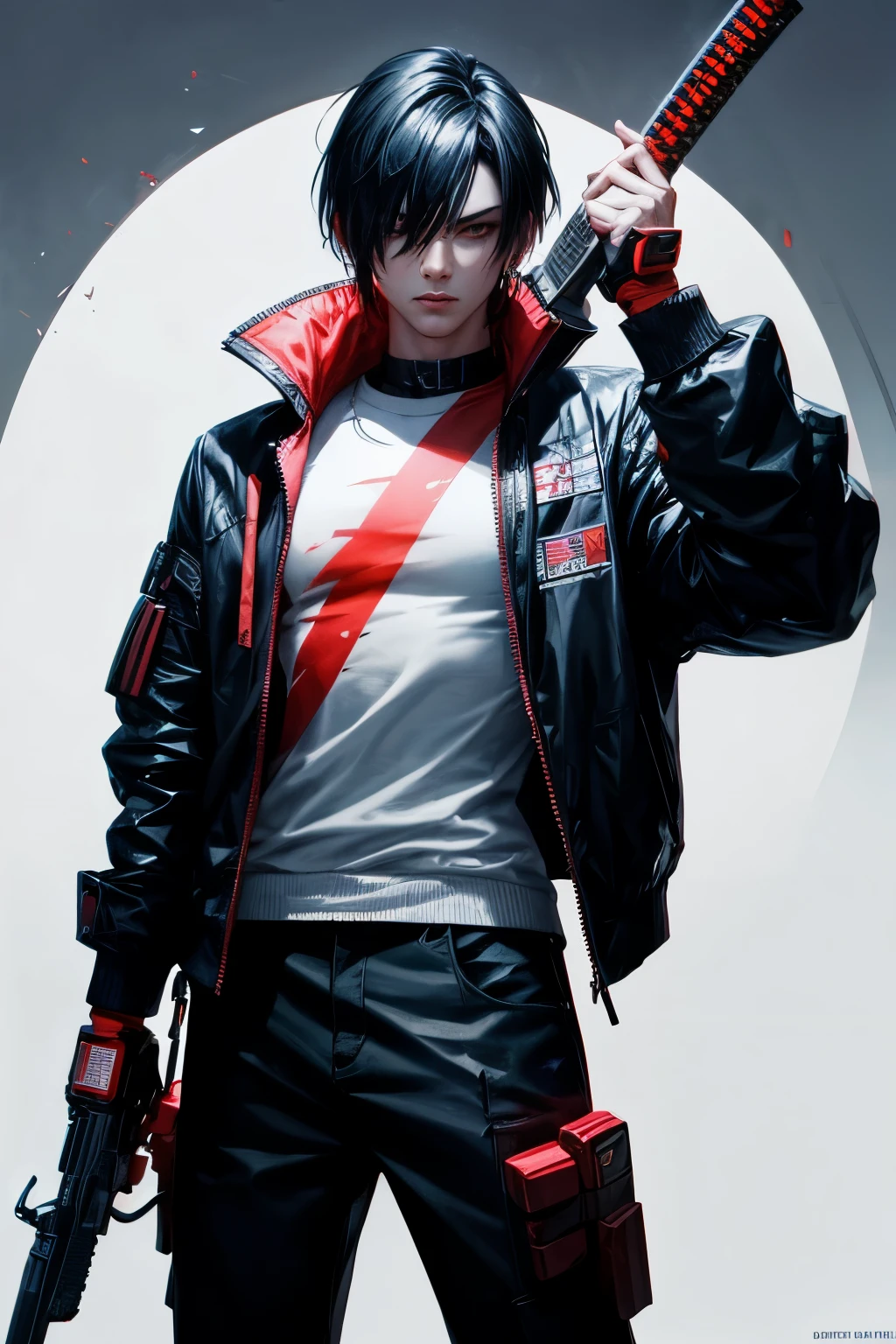 cyberpunk-style male character holding an AK-47 in one hand and a katana in the other. The character should embody the concept of Yin-Yang, symbolizing balance and harmony. The primary colors of the image should be red, black, and white, reflecting the cyberpunk aesthetic and adding a sense of intensity and contrast."
