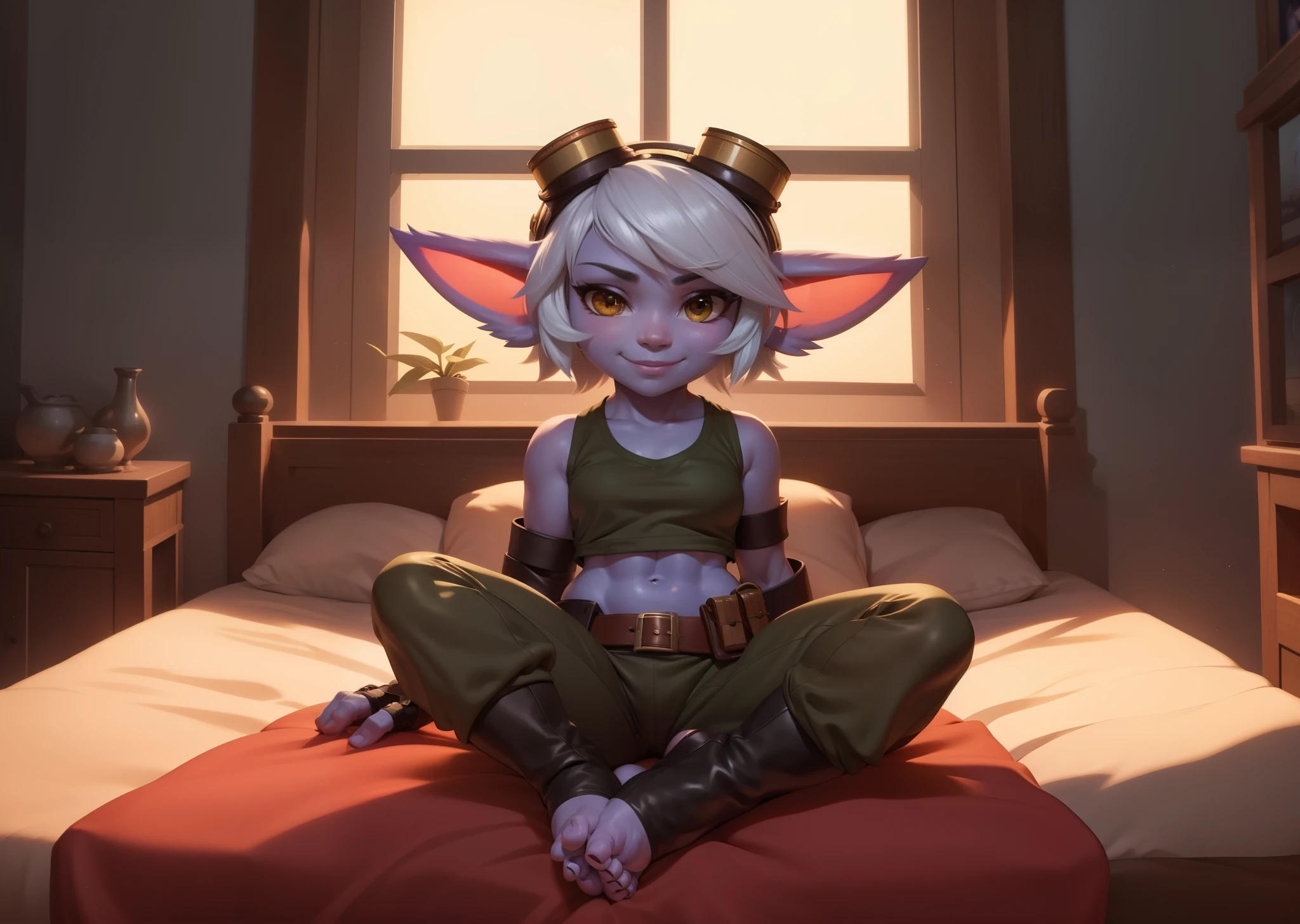 [tristana], [LOL], ((masterpiece)), ((HD)), ((high res)), ((beautiful render art)), ((solo portrait)), ((full body)), ((front view)), ((feet visible)), ((detailed shading)), {(attractive), (short), yordle, (purple skin), (elf ears), (short white hair), (cute brown eyes), (detailed iris), (short eyelashes), (curvy hips), (detailed abs), (thick thighs), (detailed legs), (beautiful legs), (beautiful feet), (smug smirk), (excited expression)}, {(green sleeveless shirt), (navel), (tight green pants), (brown belt), (utility belt), (brown gauntlets), (fingerless gloves), (toeless socks), (goggles on head)}, {(laying on bed), (legs spread open), (spreading toes), (looking at viewer)}, [background; (bedroom), (window), (forest), (blue sky), (sun rays), (ambient lighting)]