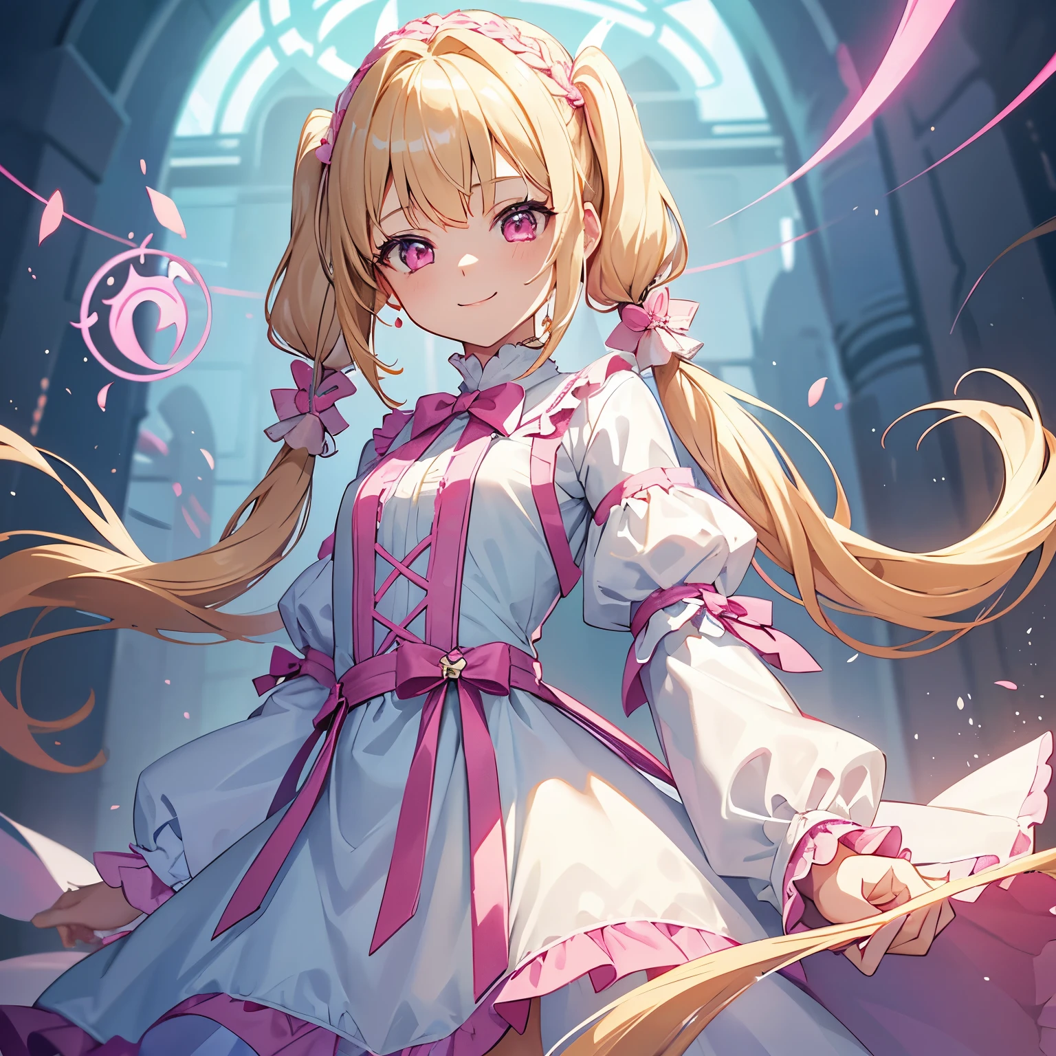 Anime girl with long blonde hair and pink dress holding a wand - SeaArt AI