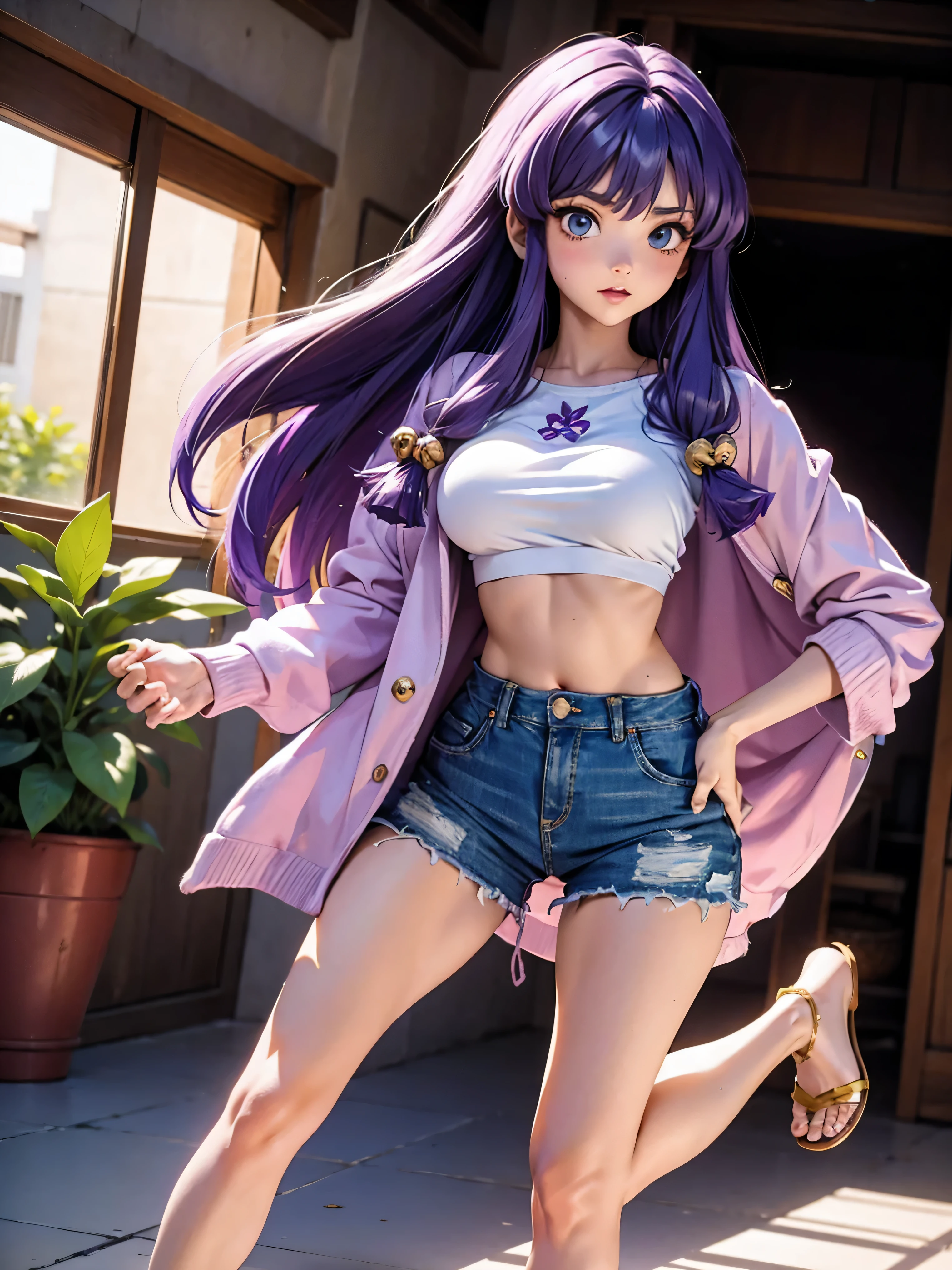 Anime cabelo purple com short jeans e blusa rosa brilhante, 17 anos, corpo bonito, seios grandes, com as hands on chest, hands on chest, Garota sexy, purple cabelo, mechas de cabelo laterais, mechas de cabelo na lateral do rosto, beautiful lighting, sombras suaves, olhos azuis, pernas bonitas, cabelo longo purple, estilo anime, personagem Shampoo Chan, Autora Rumiko Takahashi, Baseado em obra de Rumiko Takahashi, Anime Ranma 1/ 2, decote sexy, quadril robusto, corpo inteiro, corpo inteiro, busto grande, garota jovem com corpo belo e bonito, sandals on his feet, garota 17 anos jovem baixa estatura, usando short jeans e blusa rosa brilhante, garota anime, estilo anime, beautiful feet in sandals, 45° viewing angle, ao ar livre, peito grande, seios bonitos, cabelo purple, sandals on the feet, pernas bonitas, sexy