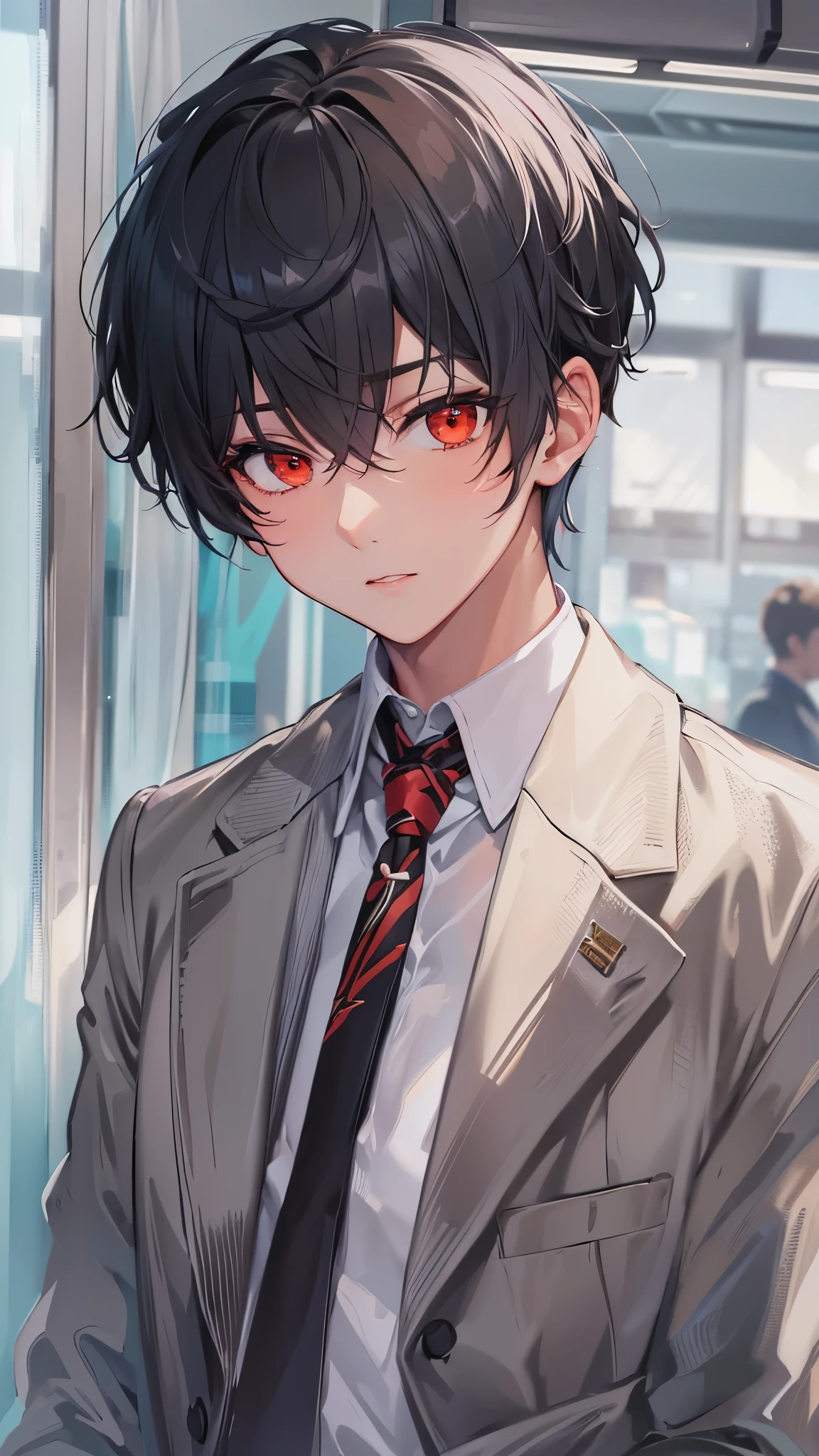 (perfect anatomy, masterpiece:1.2, best quality, 8k, beautiful detailed grow, daydreaming expression), (ennui face solo black short hair beauty boy, detailed red eyes, yo, in a school blazer, in the school class room.