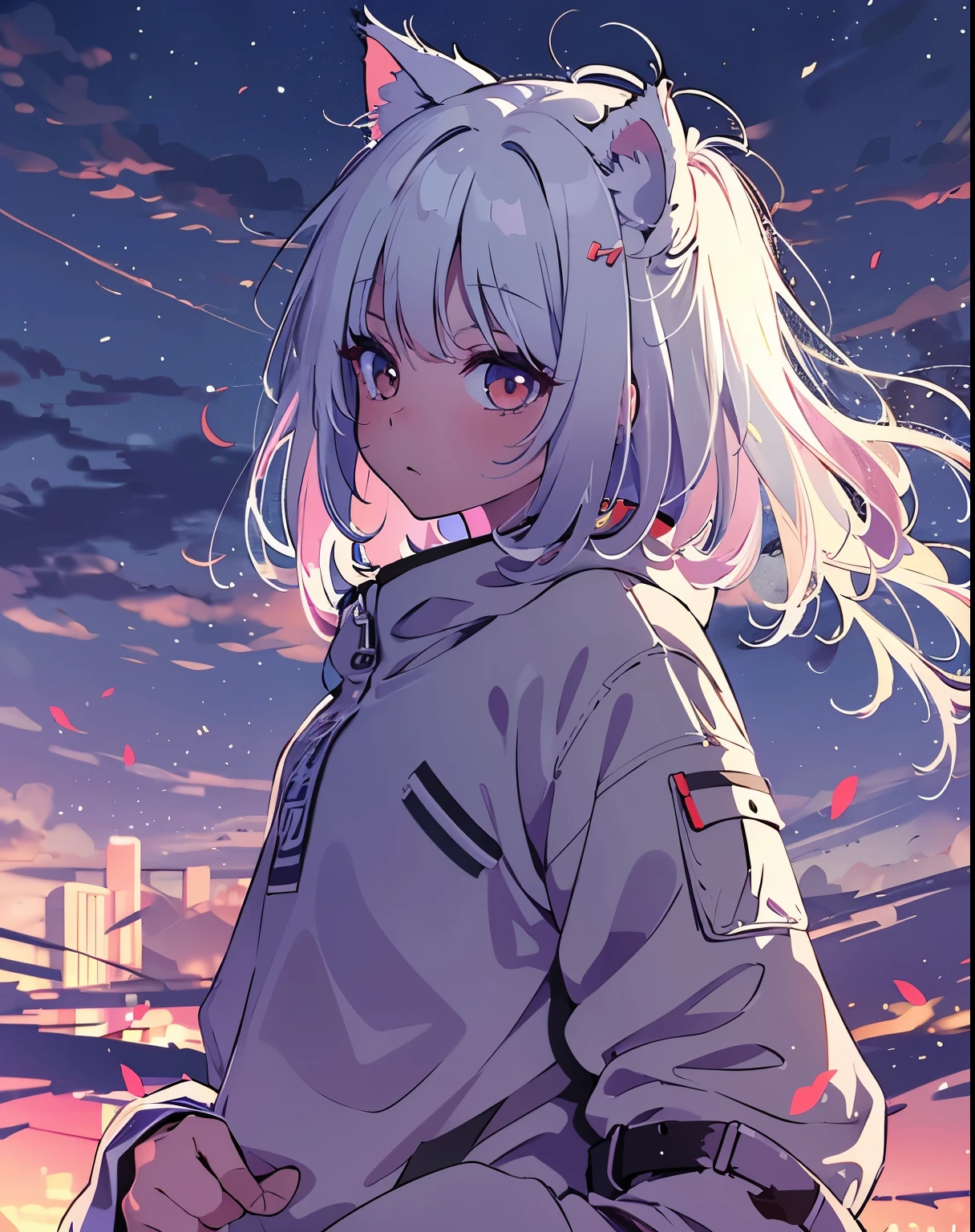 white hair bob cut girl,anime for girls, white short sweatpants, Cat耳, praise, quiet, quiet雰囲気, horrifying, look at the sky in the desert, night, quietnight, Cat, masterpiece, highest quality
