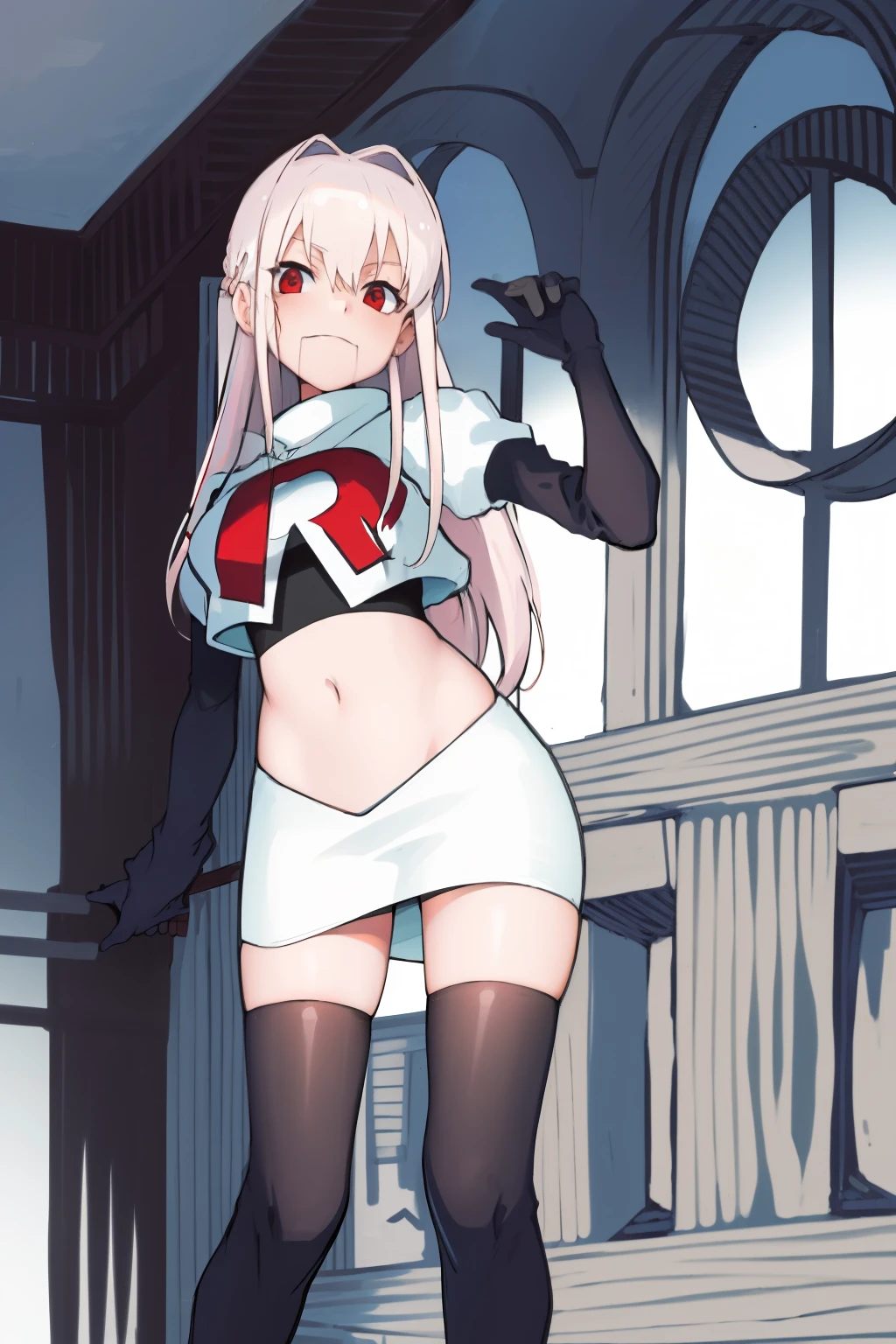 Masterpiece, Detailed, High quality, (absurdist), High Sharpness, High resolution, maiddoll, cracked skin,1girls, Solo, light pink hair,team rocket,team rocket uniform, red letter R, white skirt,white crop top,black thigh-highs, black elbow gloves,