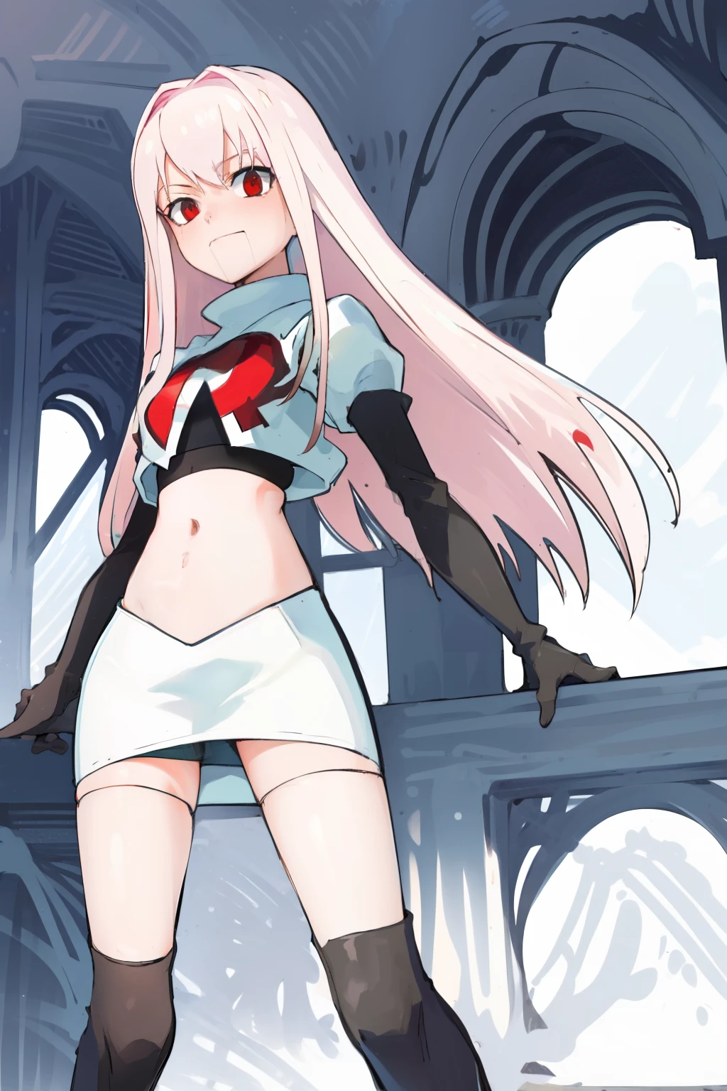 Masterpiece, Detailed, High quality, (absurdist), High Sharpness, High resolution, maiddoll, cracked skin,1girls, Solo, light pink hair,team rocket,team rocket uniform, red letter R, white skirt,white crop top,black thigh-highs, black elbow gloves,