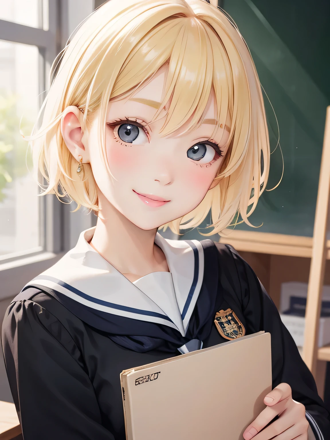 close up of face、smile、class、blonde、short hair、girl１、uniform、School