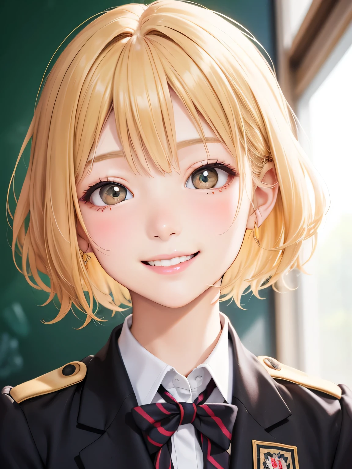 close up of face、smile、class、blonde、short hair、girl1、uniform、School