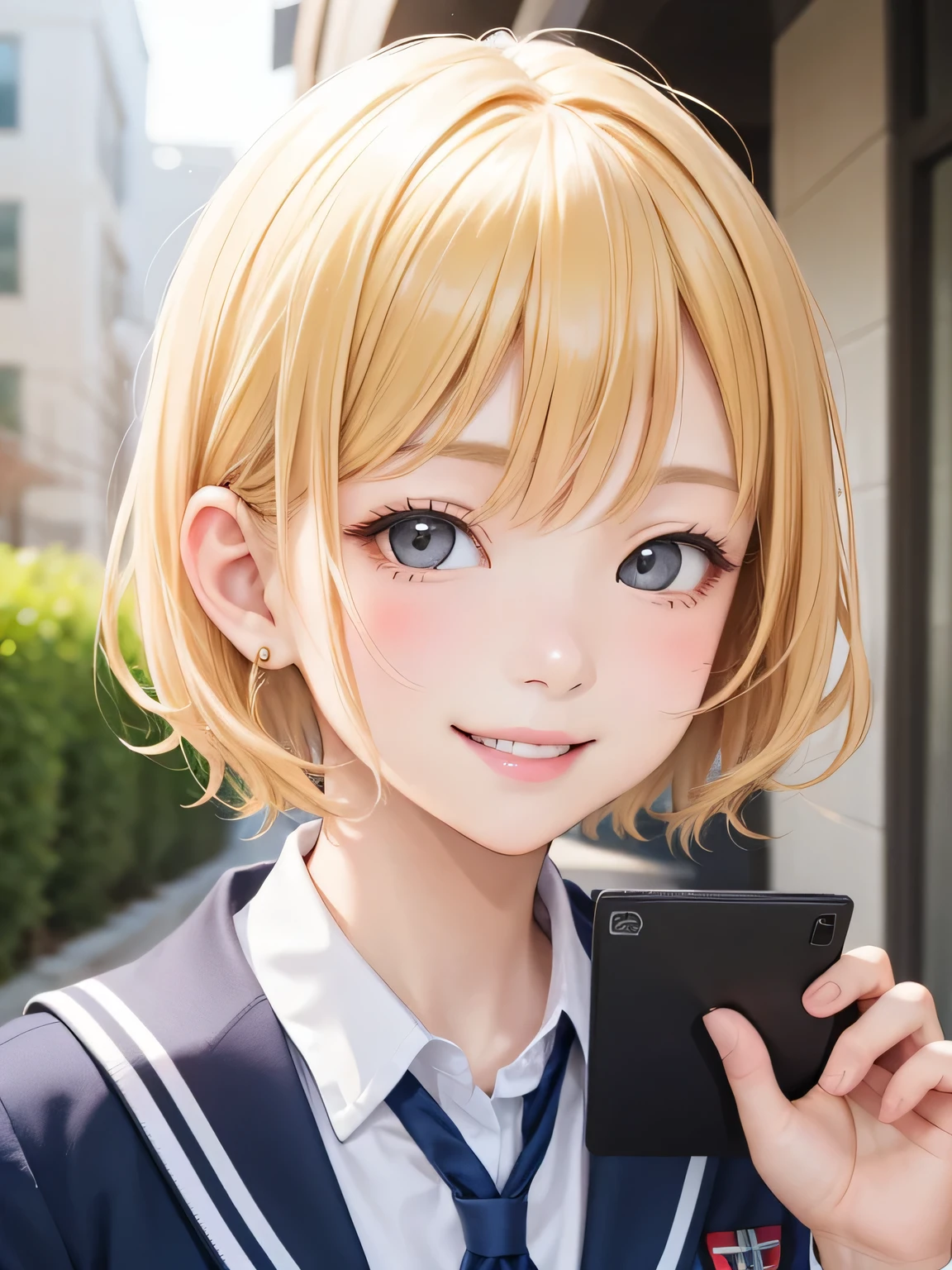 close up of face、smile、class、blonde、short hair、girl1、uniform、School