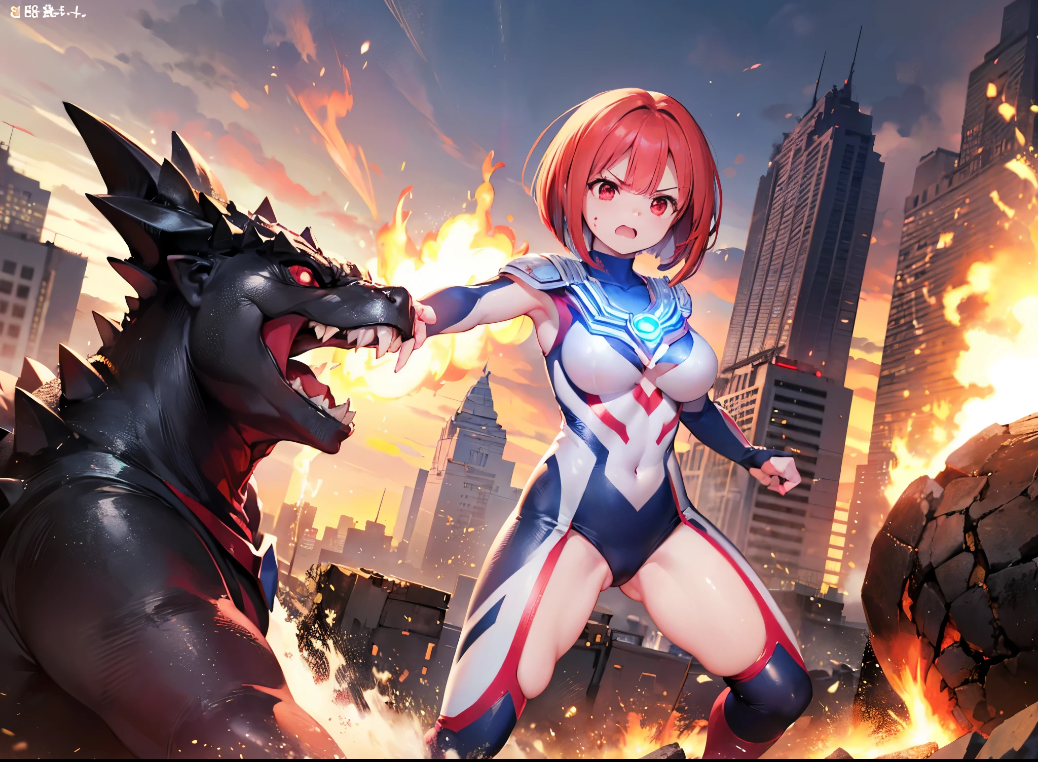 highest quality, ultra detail, High quality CG drawing, The most delicate and beautiful, Floating gently, High resolution, (1 giant woman), (Highest image quality,4K,8K,masterpiece:1.2),(all red hair:1.5),(short bob:1.5),(red eyes:1.5), Ultraman,(ultra girl :1.0), (全部赤いUltramanボディスーツ:1.4),slightly bigger breasts,red gloves,(rampage :1.0), whole body, (angry face :1.2), (finding stance), ((dynamic), be familiar with fingers, be familiar with hands, be familiar with face), everything is complicated, Godzilla (attack :1.2), (battle with monsters, battle with monsters, finding), be familiar with (Ruined buildings) behind, outside,The city is engulfed in flames